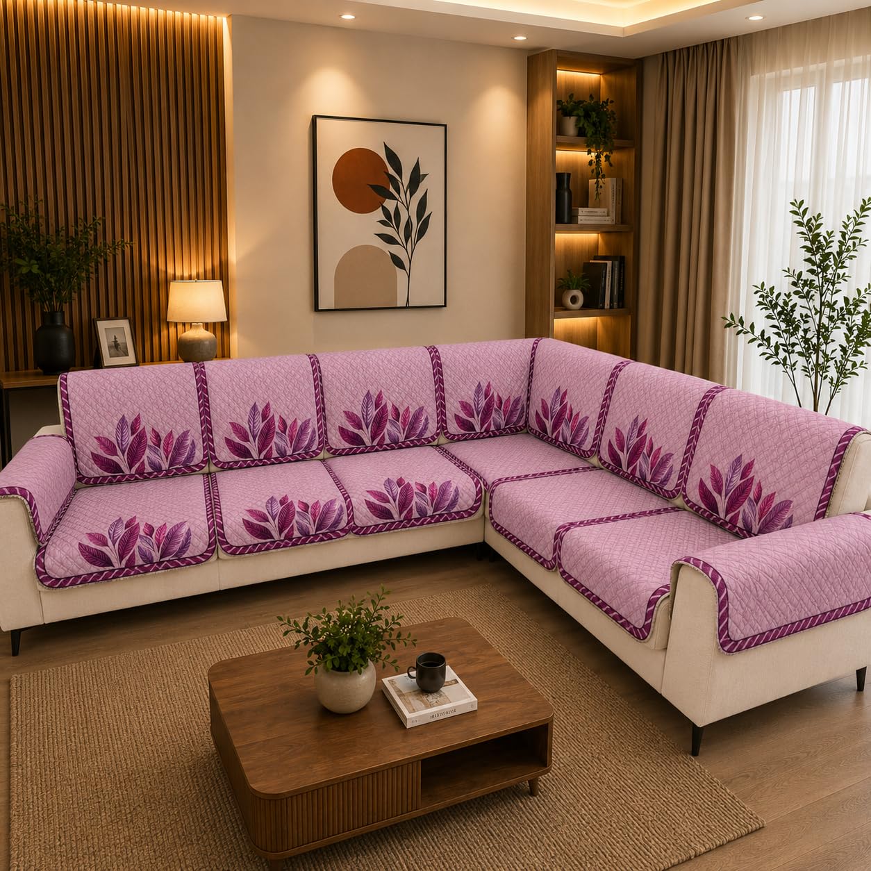 7 Seater L Shape Printed Sofa Cover for L-Shape Sectional Couch-Pack of 14 (Pink)-image-41