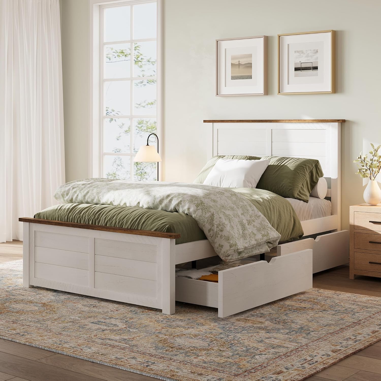 AMERLIFE Twin Bed Frame with Headboard, Platform Beds with 4 Storage Drawers, Wood Slats Support, Wood Bed Frame for Bedroom, White