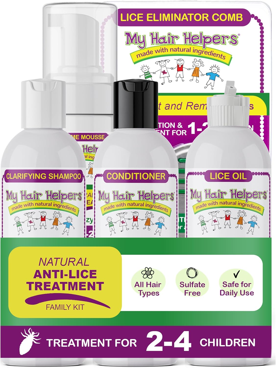 My Hair Helpers Complete Family Head Lice Treatment Kit Includes Nit Comb, Works for 2-4 Kids