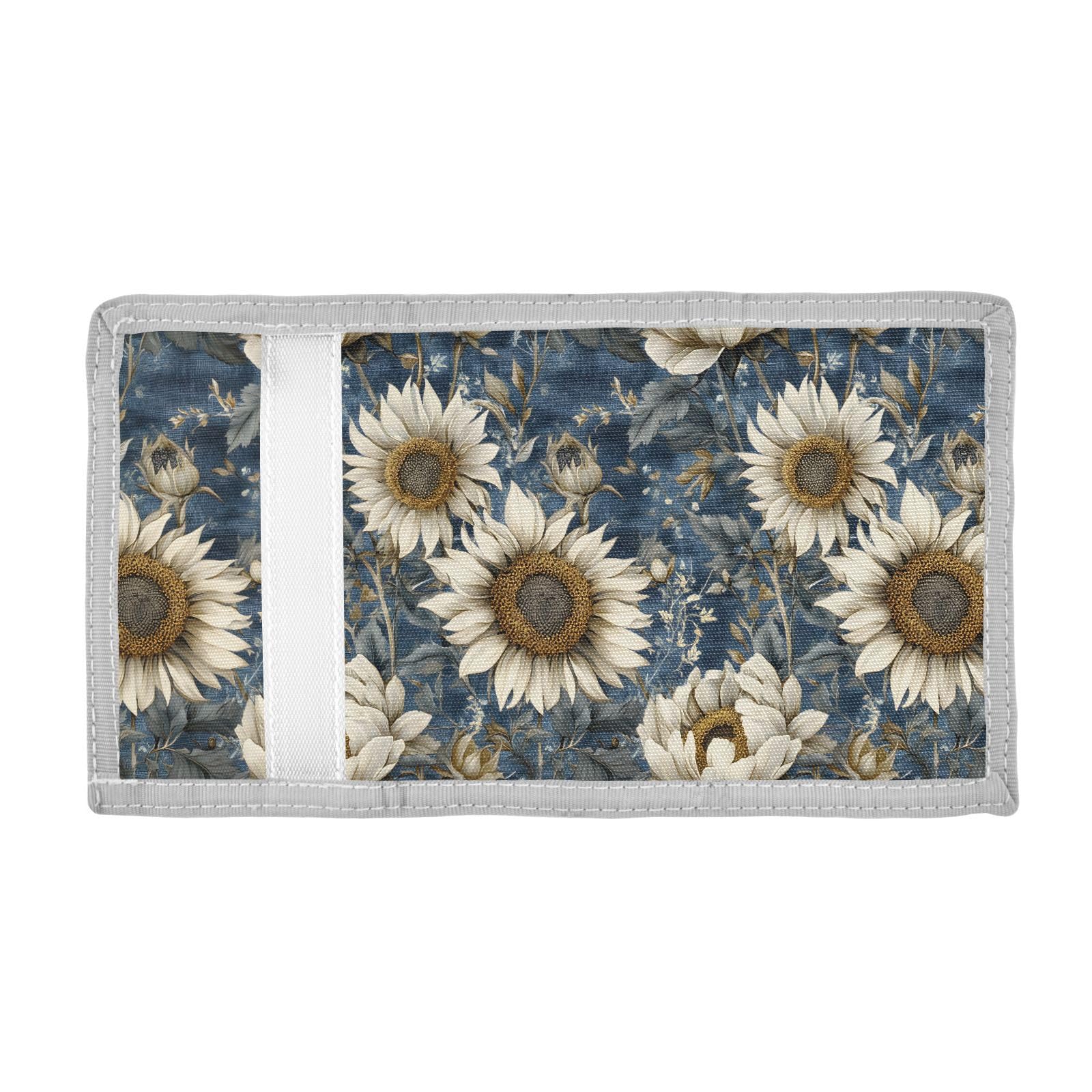 FOLIOSA Kids Wallet for Boys Girls White Sunflowers Print Youth Wallet with Zipper Pocket Card Holders, Novelty Wallet 4.9×2.9 in