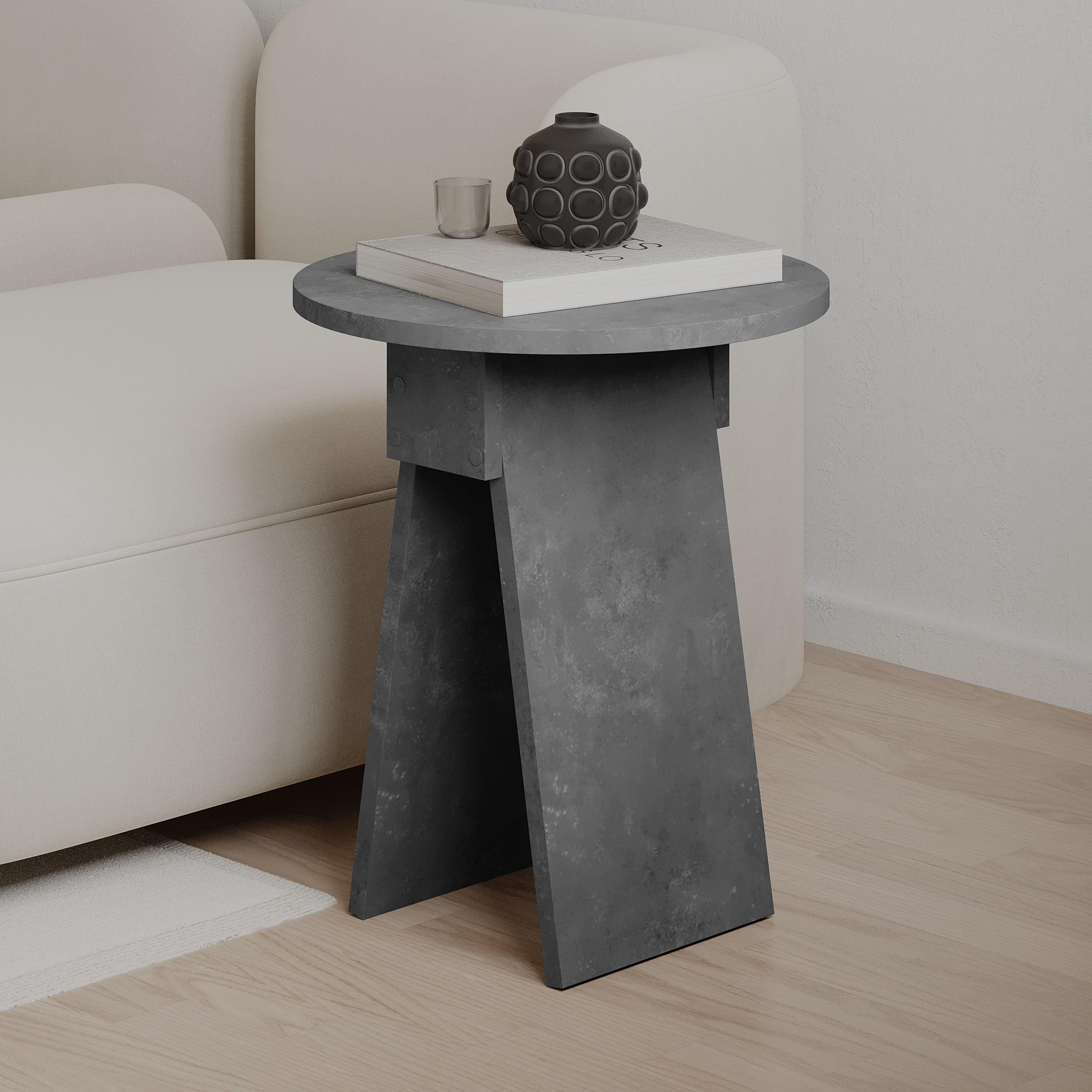 HOCUS PICUS Modern Side Table Round Shape Top Sturdy Engineered Wood 2 Legs Sofa, Coffee and Service Table Living Room, Office, Bedroom 42(W) x42(D) x50(H) cm (Retro Grey)