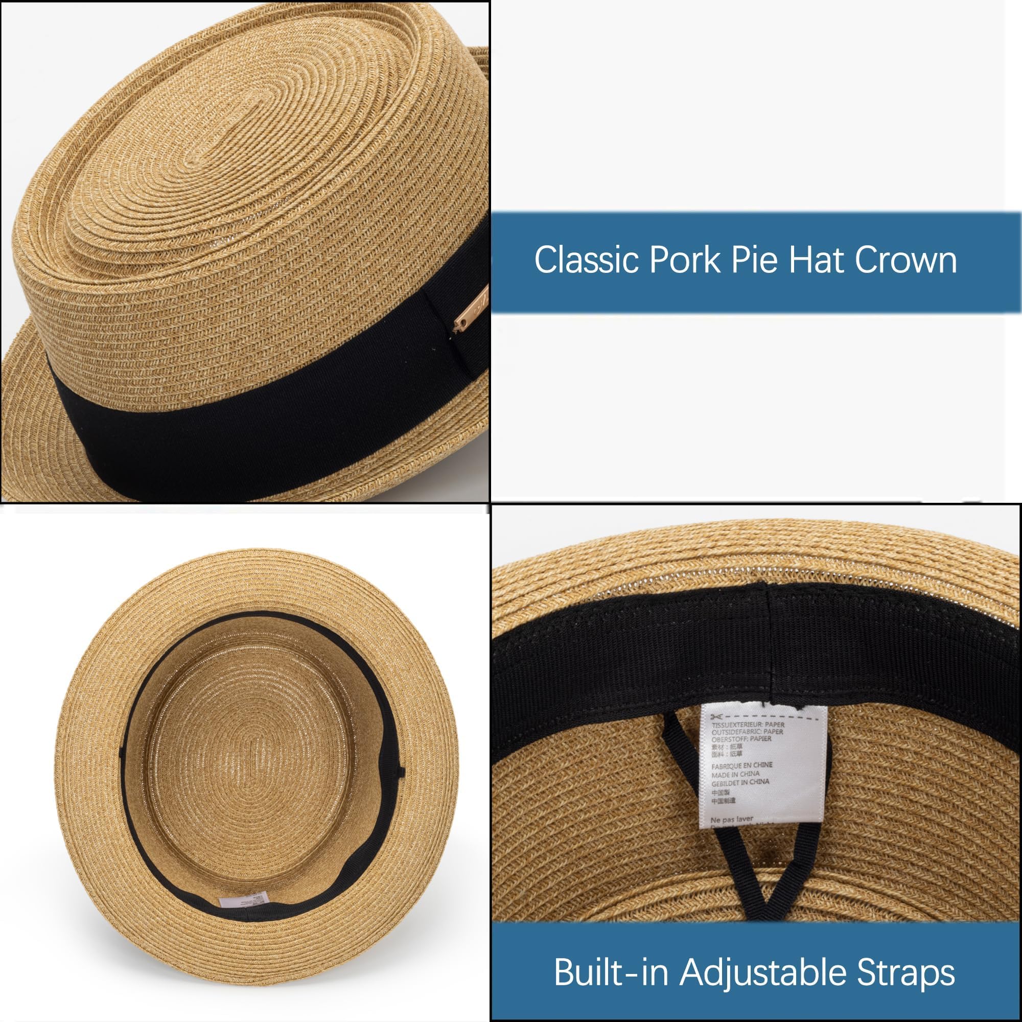 Sombrero de paja para el sol de los años 20 con parte superior plana, sombrero estilo fedora para hombre, mujer, unisex