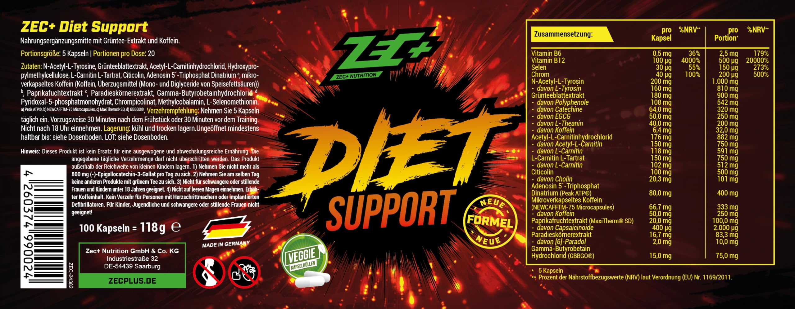 Zec+ Nutrition Diet Support, 100 Kapseln mit Grüntee- und Ingwerextrakt, Koffein und L-Carnitin, Made in Germany