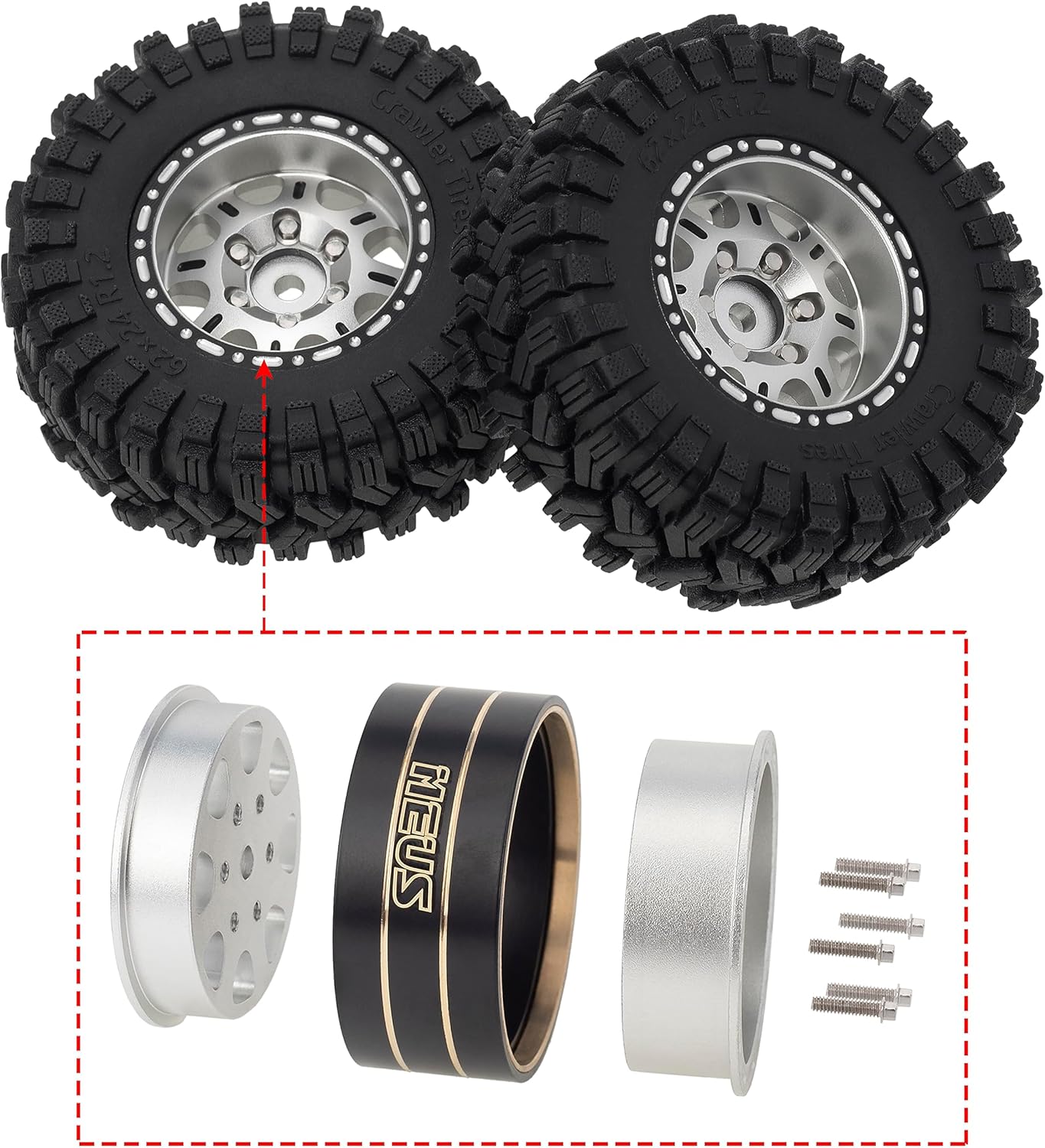 MEUS RACING 1.2 Beadlock Wheels Tires Set Brass Rim for TRX4M SCX24 FCX24 AX24 1/24 1/18 RC Crawler Car, Negative 4mm 42g (Silver Model C)