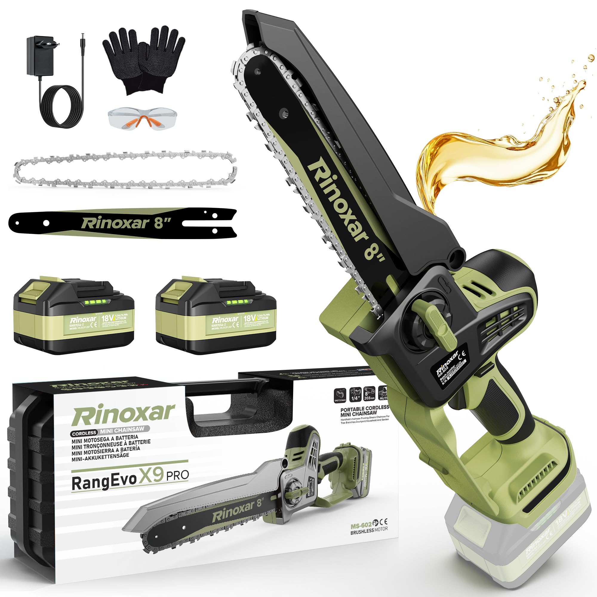 Mini Akku Kettensäge 8 Zoll, Bürstenlos Handkettensäge mit 2 * 5200mAh Akkus, Einhand Astsäge mit Automatischer Öler, Ersatzkette, Werkzeuglose Kettenspannung, Elektrisch Säge für Gartenarbeit