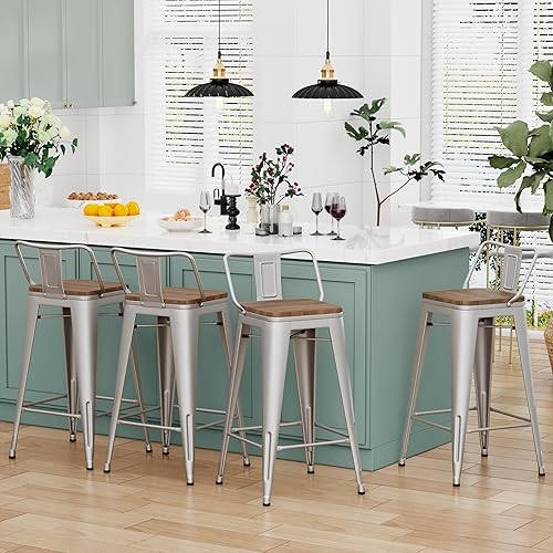 Miniatura 11 de Alunaune Juego de 4 taburetes de bar de metal de 26 pulgadas, taburetes de bar de altura de mostrador negro mate, sillas de barra industriales con