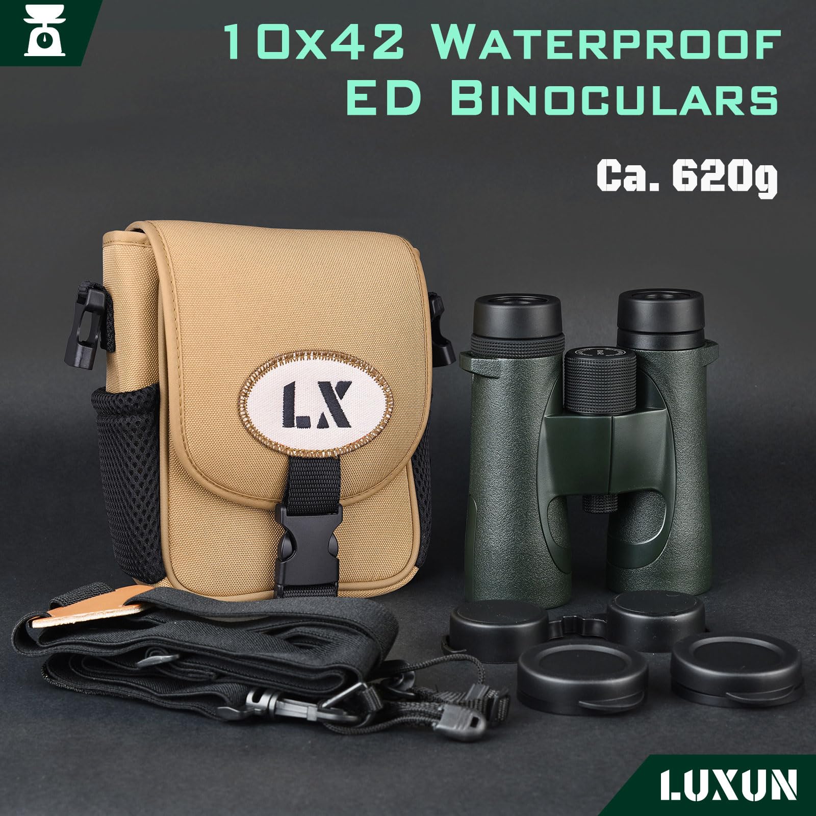 LUXUN Jumelles 10x42, Jumelles en Verre Ed pour Adultes, Prisme BAK4 IPX7 étanche et antibuée pour la Chasse, l'observation des Oiseaux et l'extérieur avec Harnais de Jumelles (Vert)