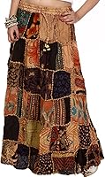 Exotic India Women's Long Printed Dori Skirt Gujarat Patchwork Rayon Boho Maxi A-Line