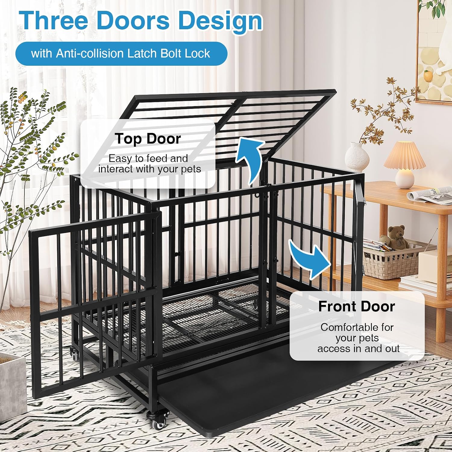 37" Heavy Duty Dog Crates with Removable Divider Large Indestructible Square Tube Dog Kennels for High Anxiety Dog Escape Proof Dog Cage Dog Kennel Pet Playpen for Training with Wheels, Tray, Black