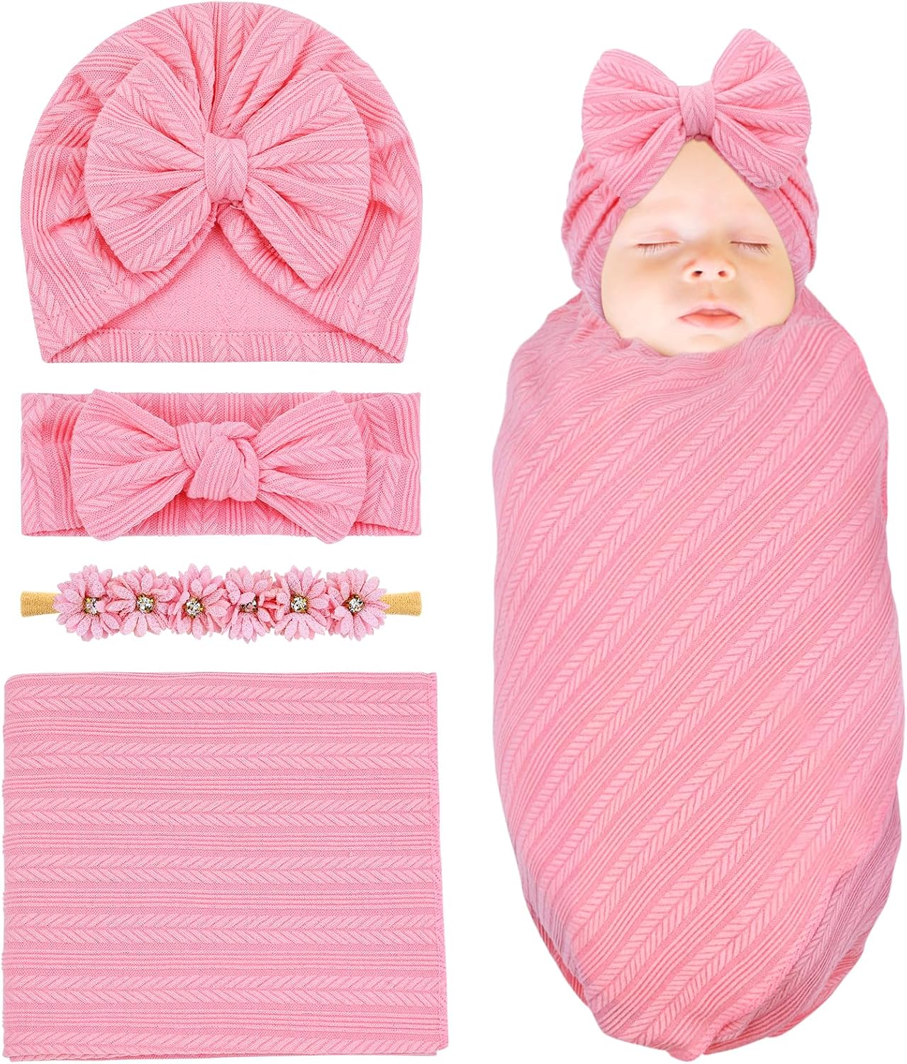 Cinaci 4pcs Dusty Pink Soft Nursery Newborn Baby Receiving Swaddle Blanket with Matching Turban Hat Bow Headbands Floral Nylon Headbands for Baby Girls Newborn Infants