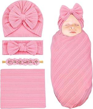 Cinaci 4pcs Pink Soft Nursery Newborn Baby Receiving Swaddle Blanket with Matching Turban Hat Bow Headbands Floral Nylon Headbands for Baby Girls Newborn Infants