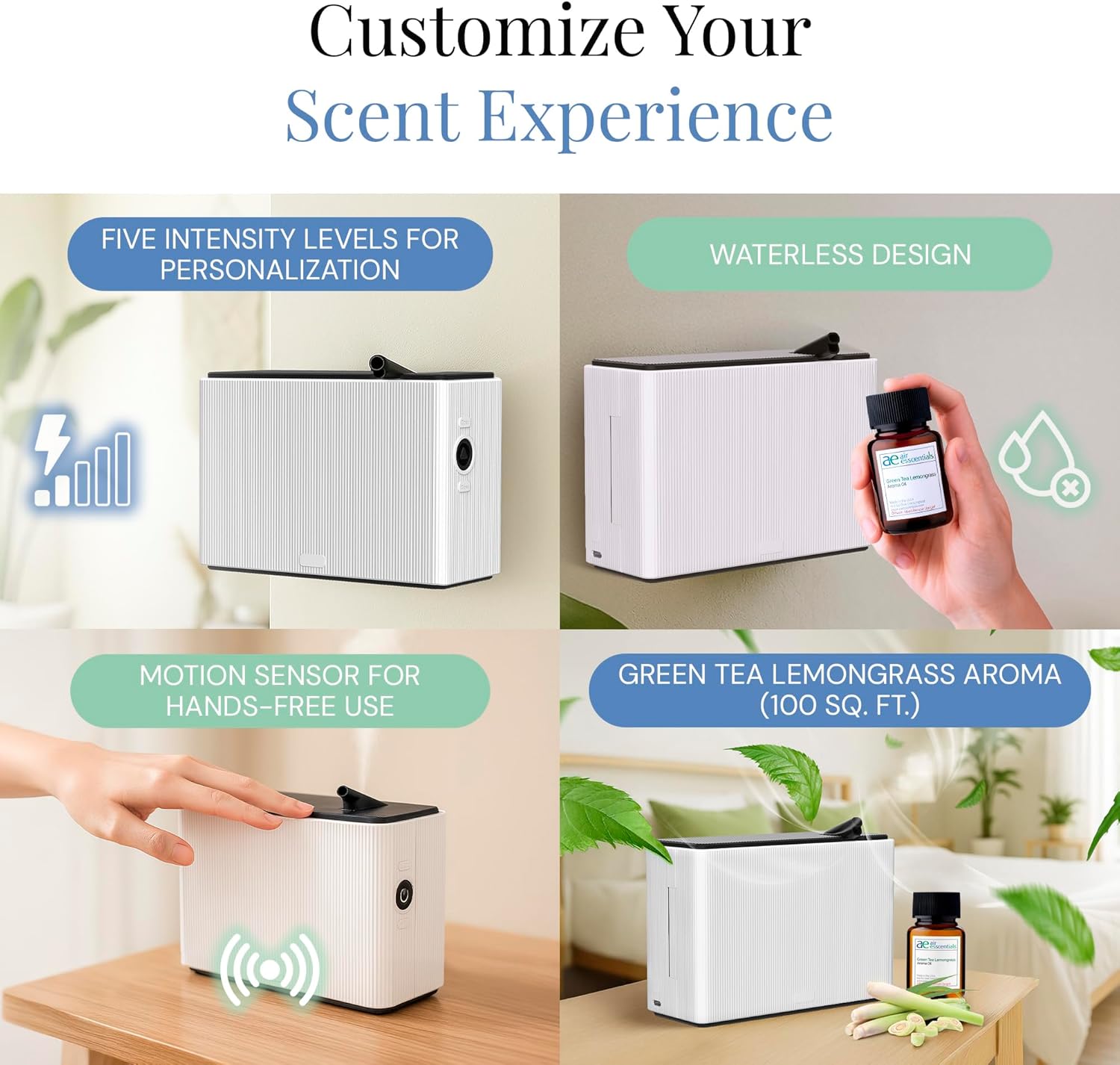 AE101Bat Waterless Scent Diffuser with Green Tea & Lemongrass Oil, Scent Machine Set for Small Spaces, Battery Operated, Motion Sensor, 100 Sq. Ft. Coverage