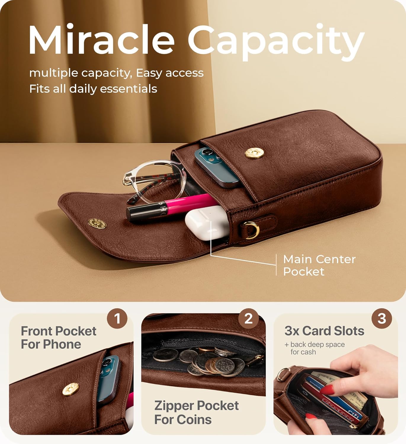 Claasico Crossbody Bag for Women, RFID Phone Purse, Card Slots Coin Pocket w/strap, Phone Holder PU Leather Crossbody Purse