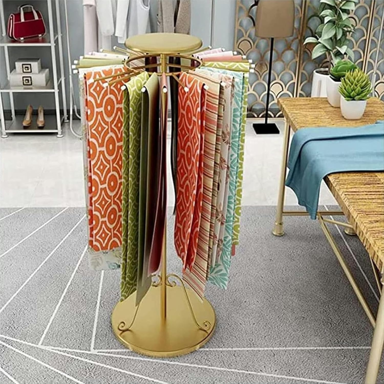 Adjustable Metal Scarf Display Stand for Clothing Store Freestanding Silk Scarf Rack with Pivoting Round Design Commercial and Home Use