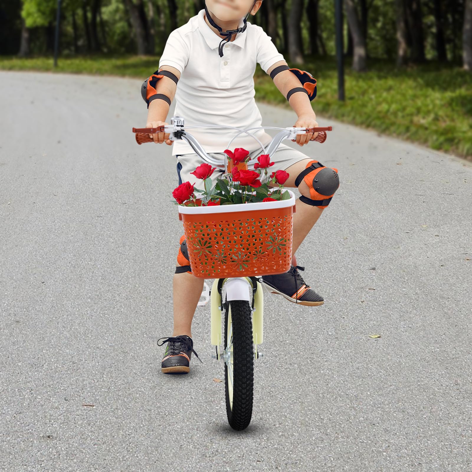 Bicicletta per bambini 14 Pollici, Ragazzi, Bici Con Ruote Di Supporto E Cestino, Regolazione Di Altezza, Alto Carbonio Acciaio Bici Bambini Da 3 4 5 6 Anni Di Colore Beige