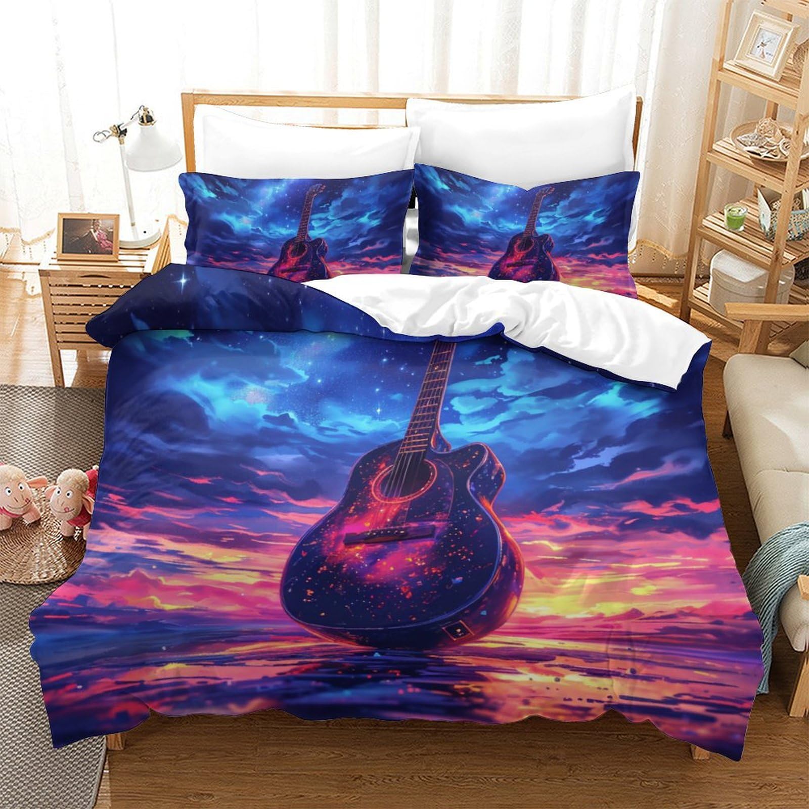 LKBASOEGD Microfiber Duvet Cover Set Guitar Fade Resistant Duvet Cover Comforter Cover 3pc with Zipper Bedding Set for Bedroom, Guestroom King（220x240cm）