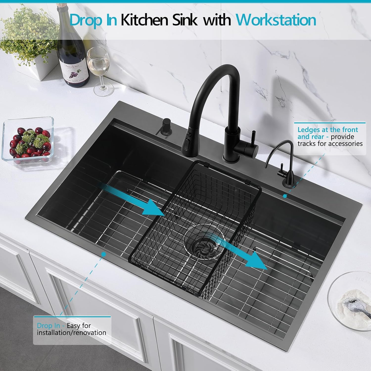 33 Drop In Black Kitchen Sink Workstation, ZDHHT 33 x 22 x 10 Inches 16 Gauge Black Stainless Steel T304 Single Bowl Kitchen Sink Topmount with Workstation and Accessories