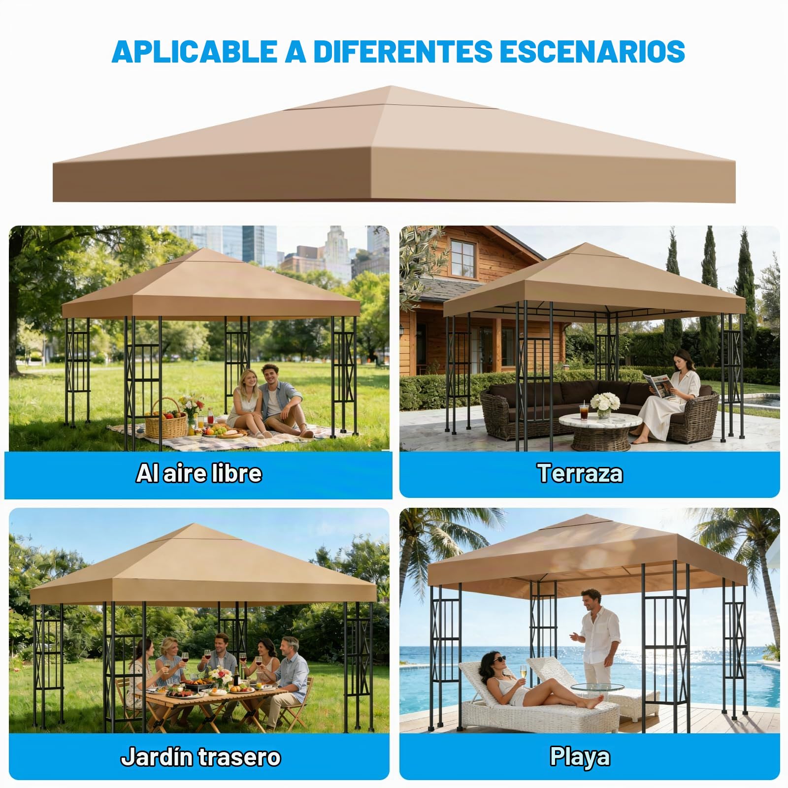 Toldo Recambio 3x3 m Pergola, Techo Repuesto para Cenador Impermeable 300D Protección UV, Funda Transpirable para Pérgola de Jardín, Reemplazo Resistente al Viento para Gazebo Exterior, Caqui