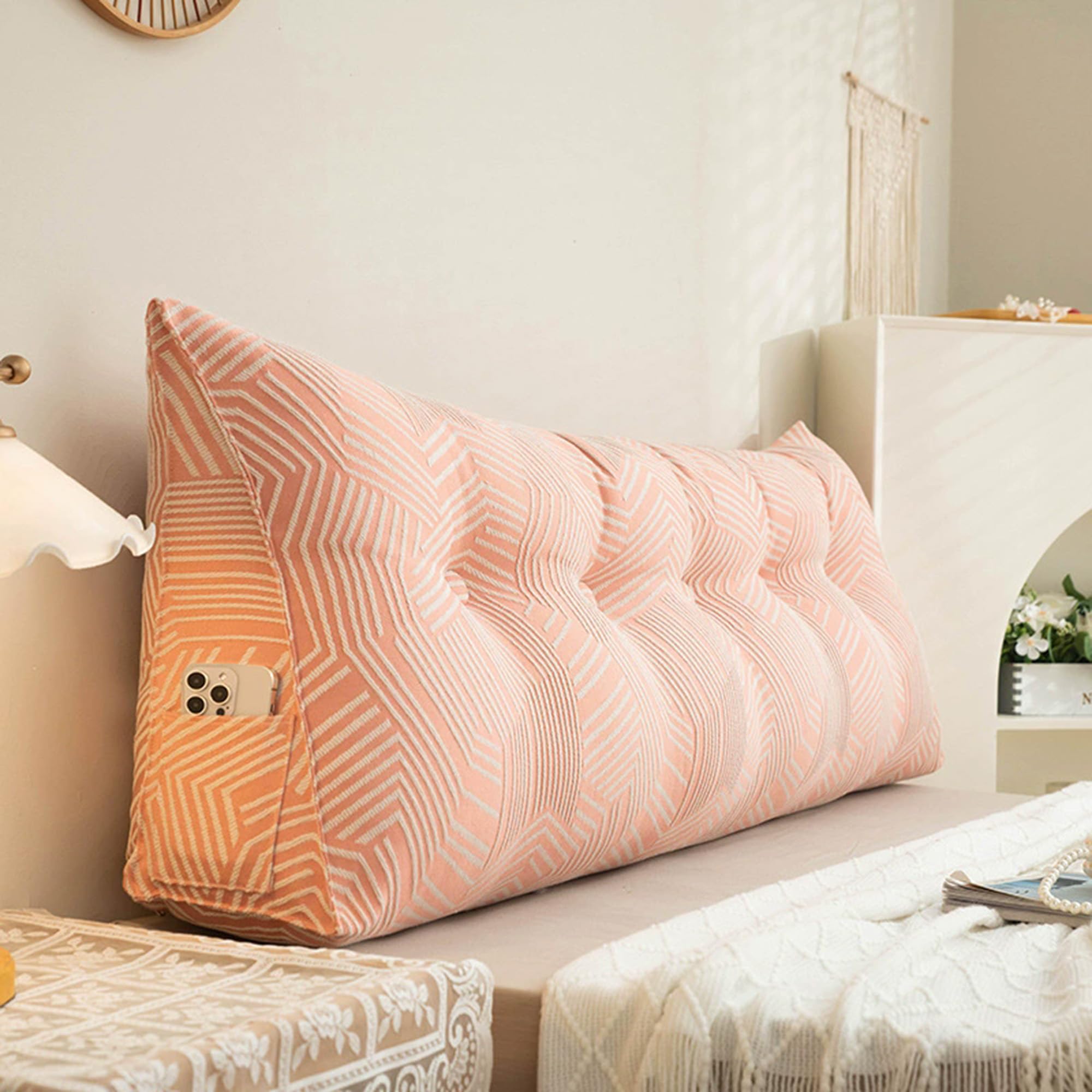 Hruile Wedge Back Pillow Backrest Bolster, Triangular Headboard Reading Pillow, Back Lumbar Support Cushion with Side Pocket, Headboard Cushion for Bed Sofa Tatami (80x50x20cm,Pink)