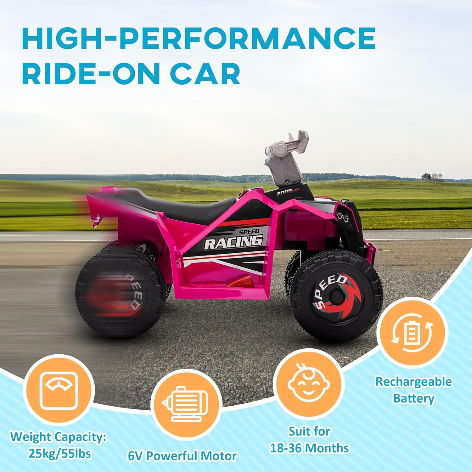 Aosom Kids ATV Quad Car, 6V Four-Wheeler Ride on Toy for Kids with Forward Backward Function, Wear-Resistant Wheels for Toddlers Ages 18-36 Months, Pink