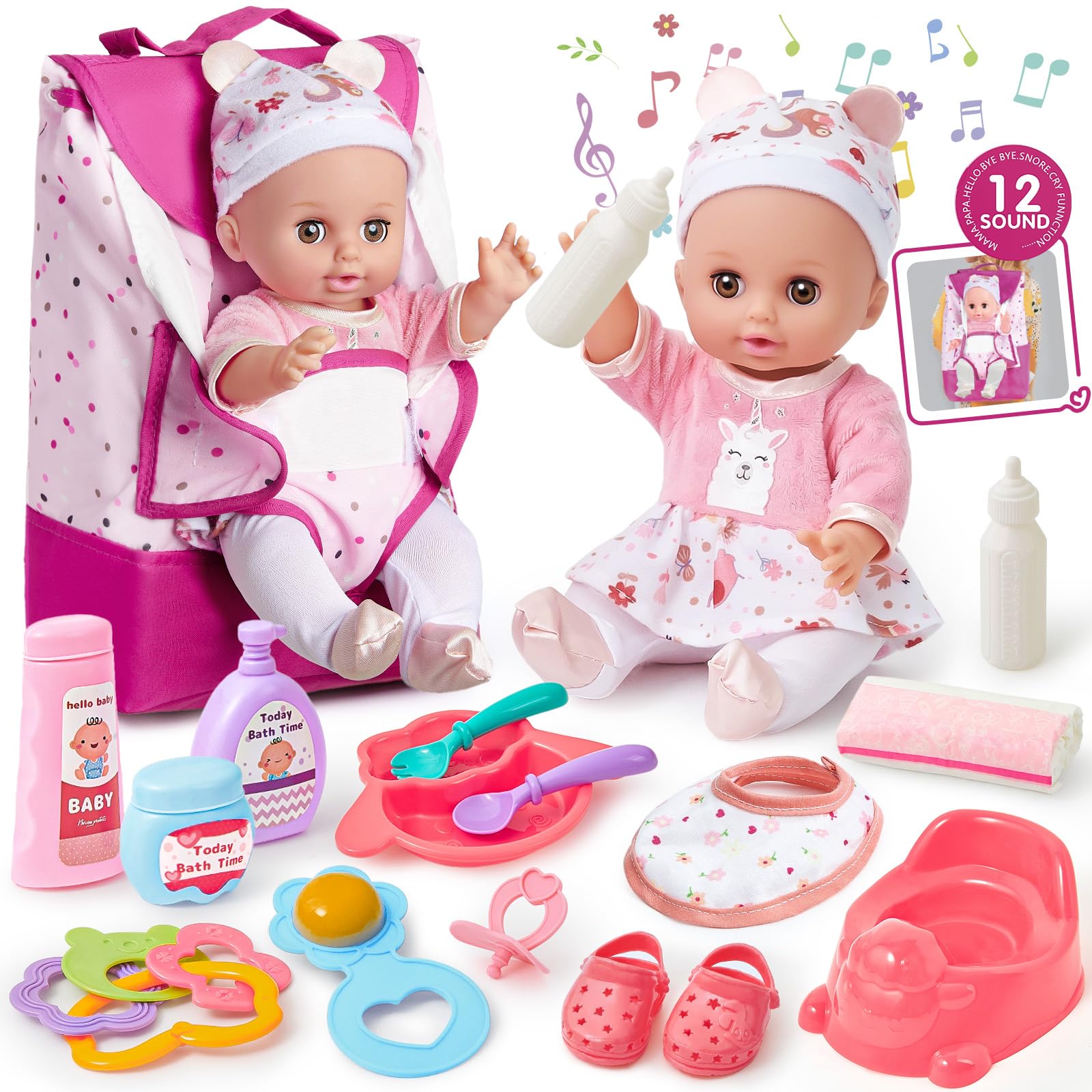Interactive Baby Doll Set with Backpack Carrier, 12in Doll Toy with Sound, 18pcs Accessories incl Diaper Bib, Pretend Play Toys for Toddler Kids 3-6 Years Old Gift