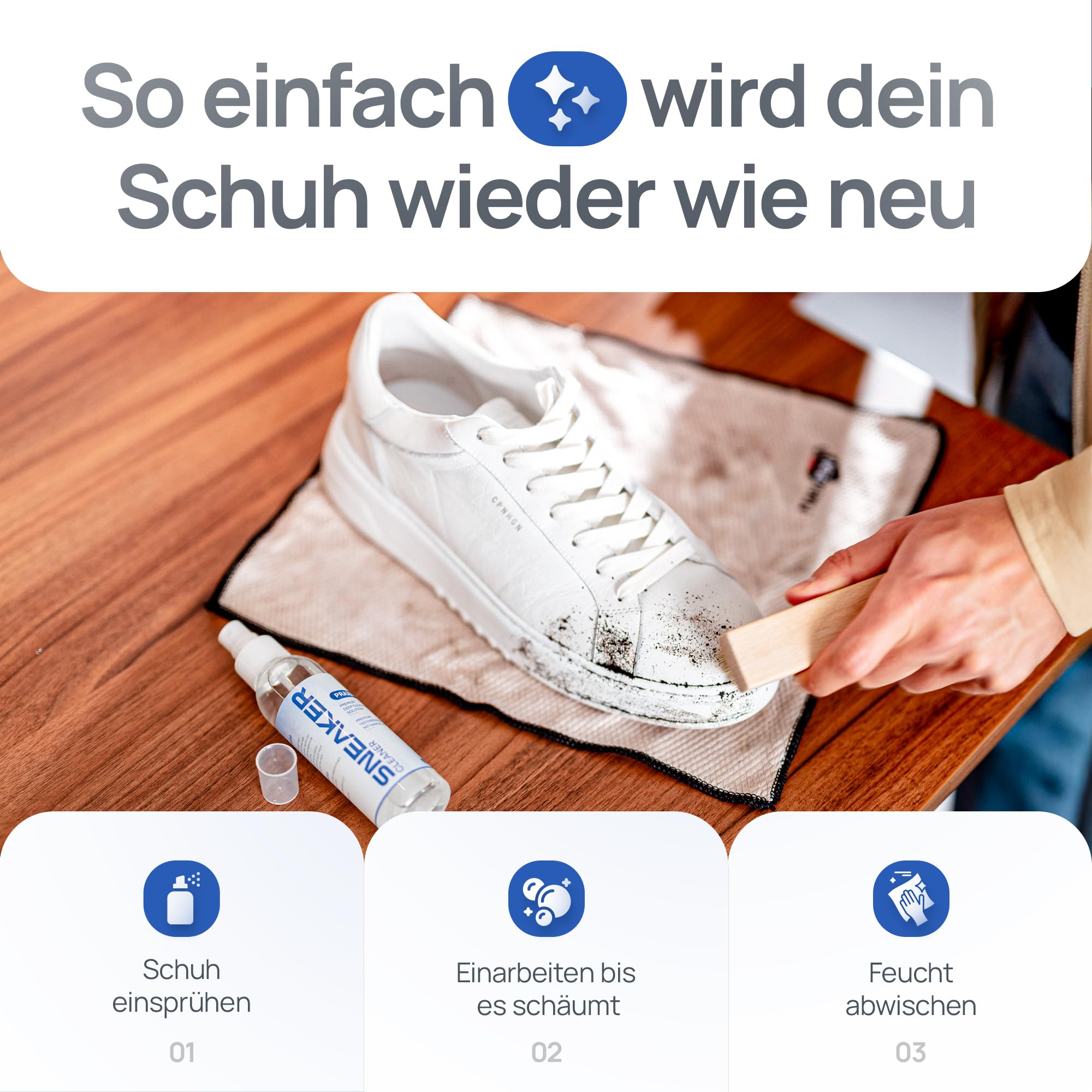 PRAXS® Sneaker Cleaner Premium Set 125 ml – Schuhreiniger & Sneaker Reiniger für weiße Schuhe, Wildleder, Nubuk, Suede & Mesh | biologisch abbaubar | Wildleder Reiniger inkl. Bürste & Mikrofasertuch