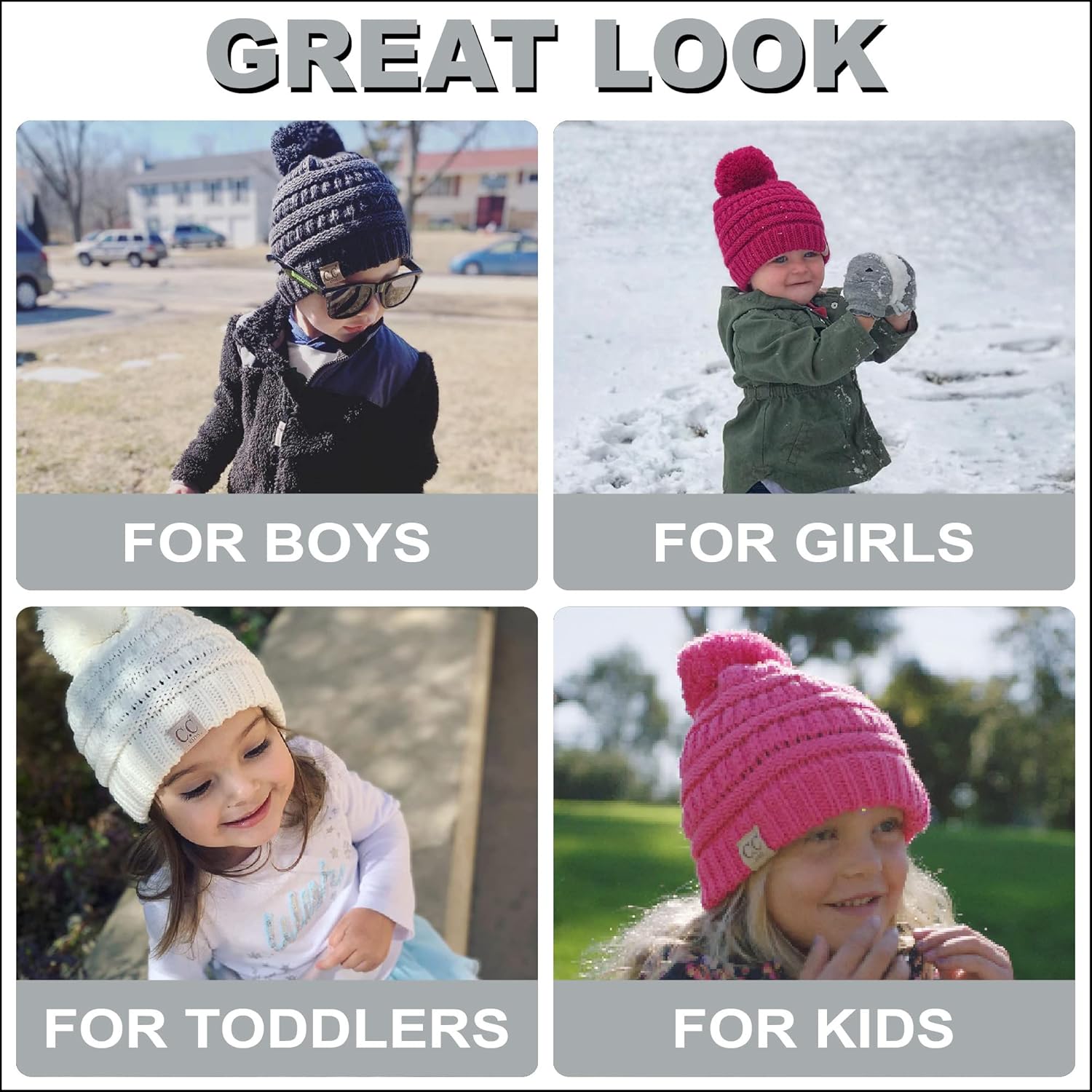 Funky Junque Toddler Pom Beanie – Warm Kids Winter Hat for Ages 1–4, Cozy Knit Snow Beanies for Baby Boys & Girls - 3 Pack - Black, Ivory, Candy Pink