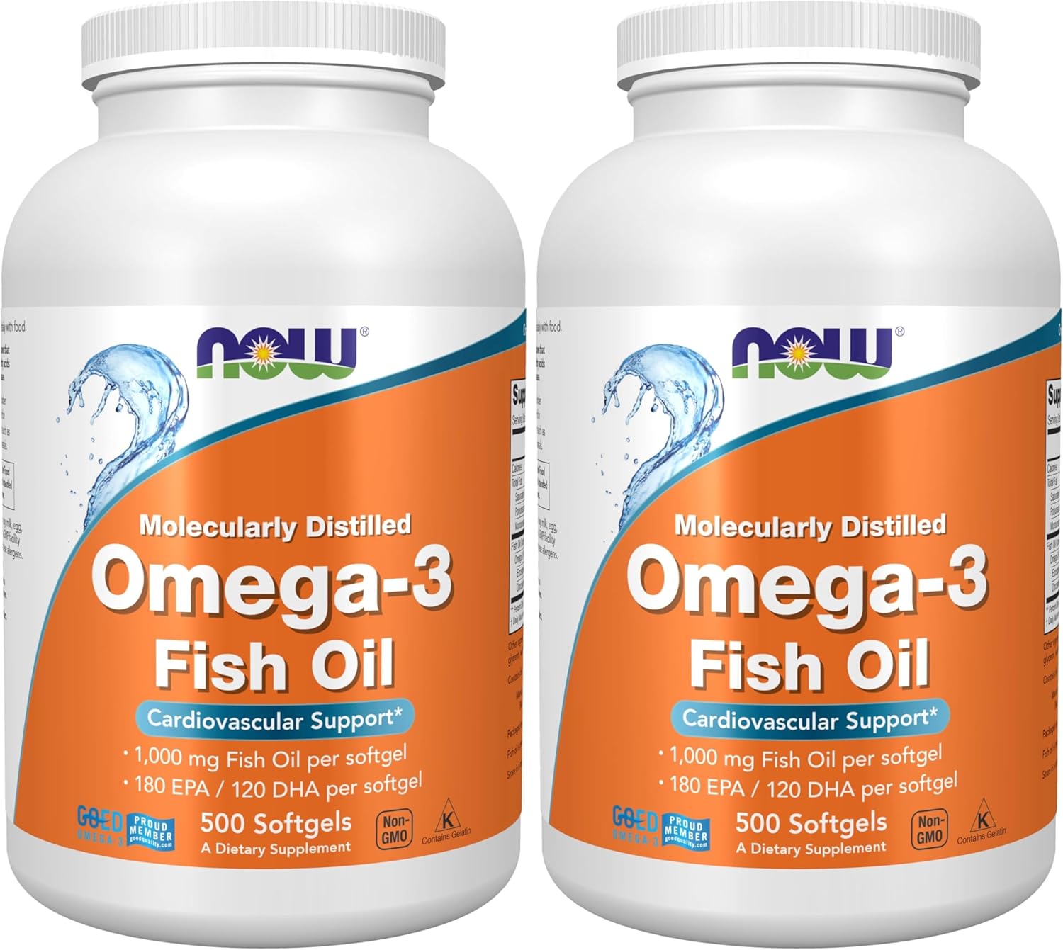 NOW Foods Supplements, Omega-3 180 EPA / 120 DHA, Molecularly Distilled, Cardiovascular Support*, 500 Softgels, (Pack of 2)
