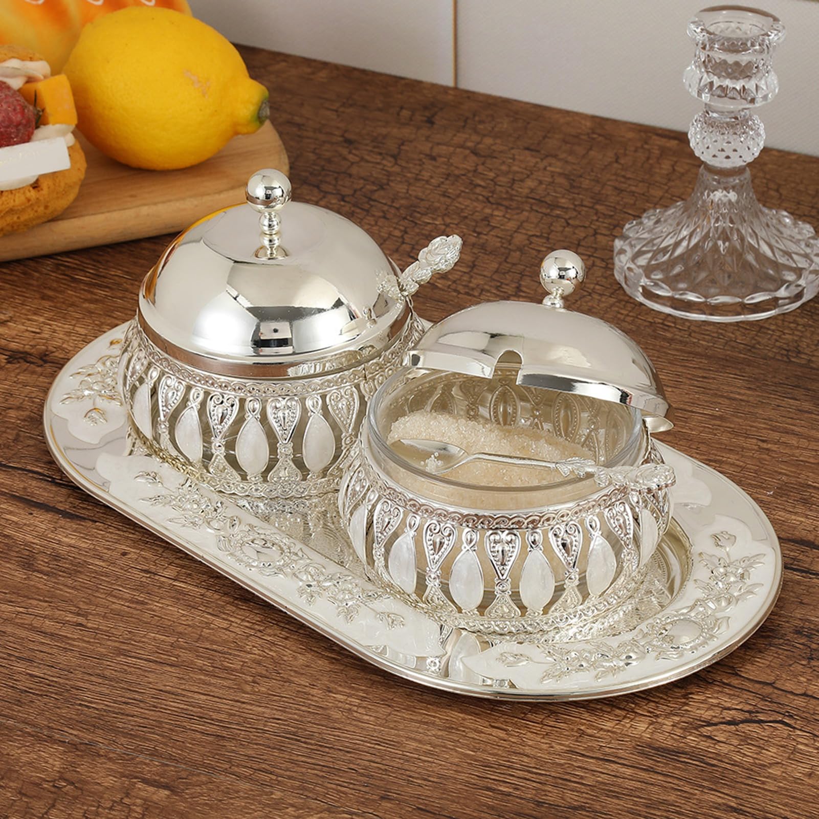 Set Zuccheriera Elegante Design Nordico Multifunzionale per Bancone della 2 unità in Acciaio Inox e Vetro con Cucchiaio e Coperchio