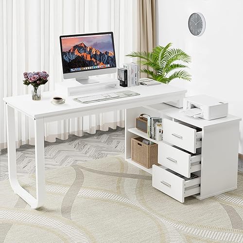 4 EVER WINNER L Shaped Desk with Storage Drawers, White L-Shaped Computer Table with 3 Drawers and 2 Shelves, 1 Monitor Stand, Corner Desk with Storage for Small Space