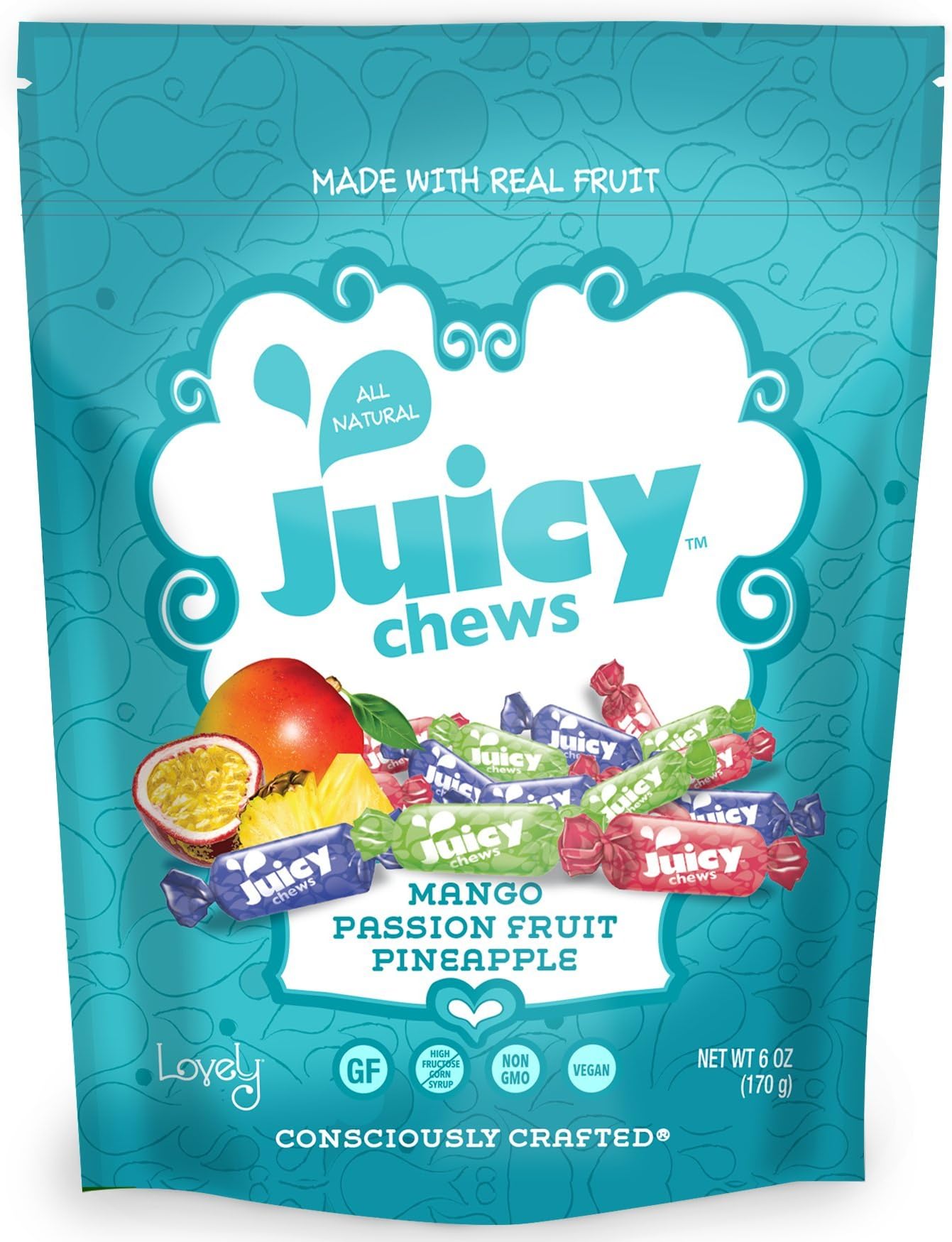 VEGAN All-Natural TROPICAL Fruit Chews - Lovely Co. 6oz Bag - Mango, Passion Fruit & Pineapple Flavors | NON-GMO, Soy-Free, Kosher & Gluten-Free!