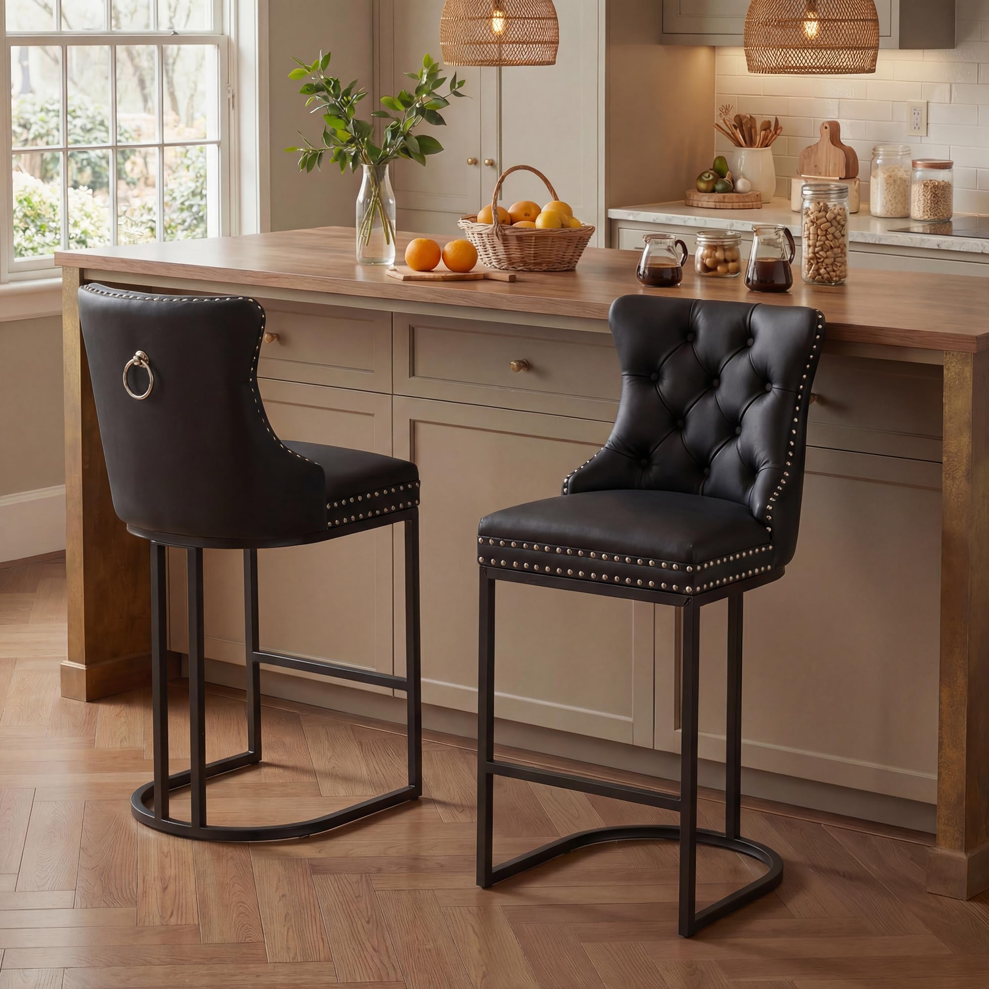 Counter Height Bar Stools Set of 2 for Kitchen Island, Modern Bar Stools with Backs, 26 Inch Barstools with Upholstered Faux Leather Seat and Metal