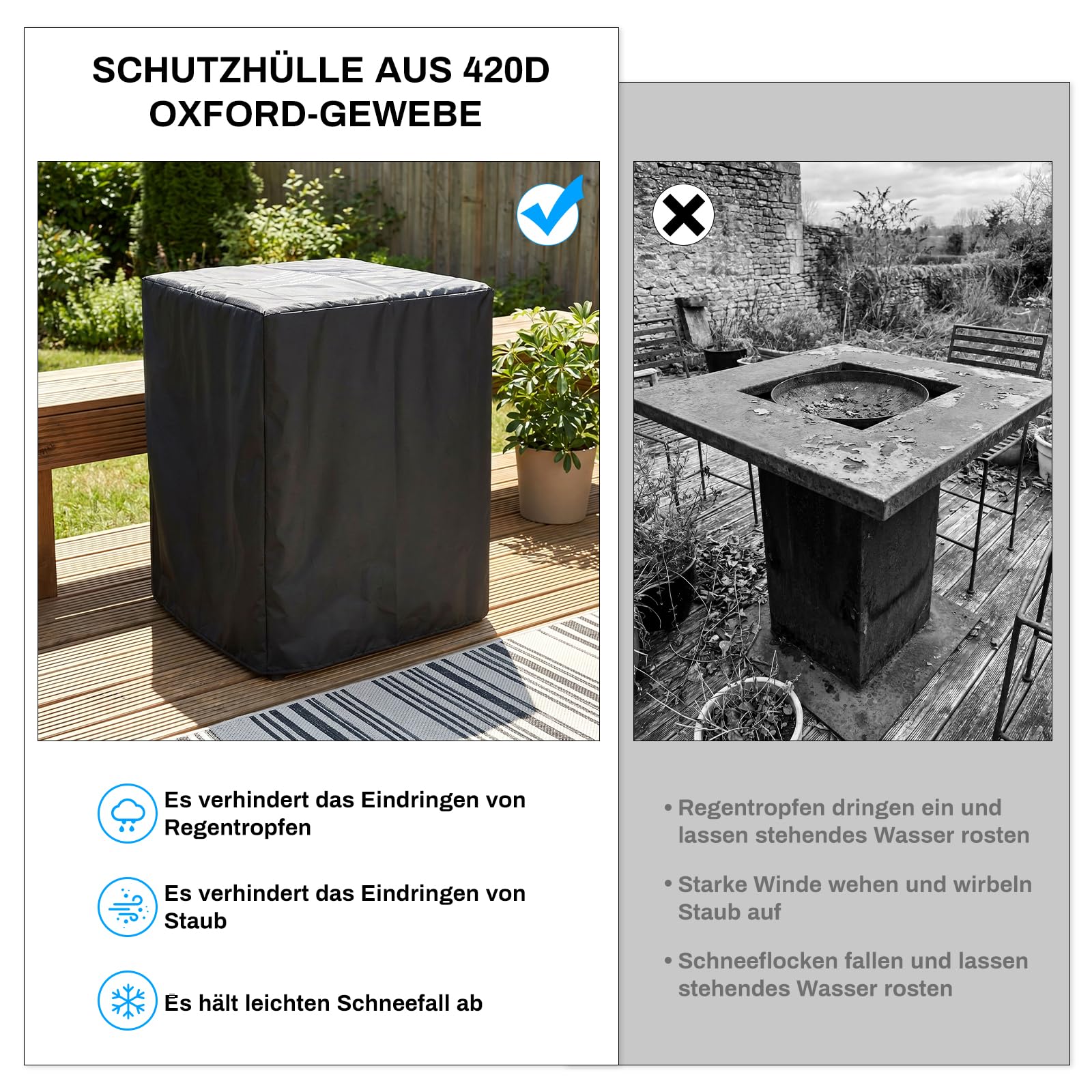 TLGREEN 20" Gas Feuerstelle Outdoor, Feuerstellen für Garten Balkon, 14.5kW | Feuertisch mit Glaswindschutz, Glassteine, Wasserfester Schutzhülle, Gas Gartentisch, Gaskamin, 4PCS Füße, 50x50x62cm