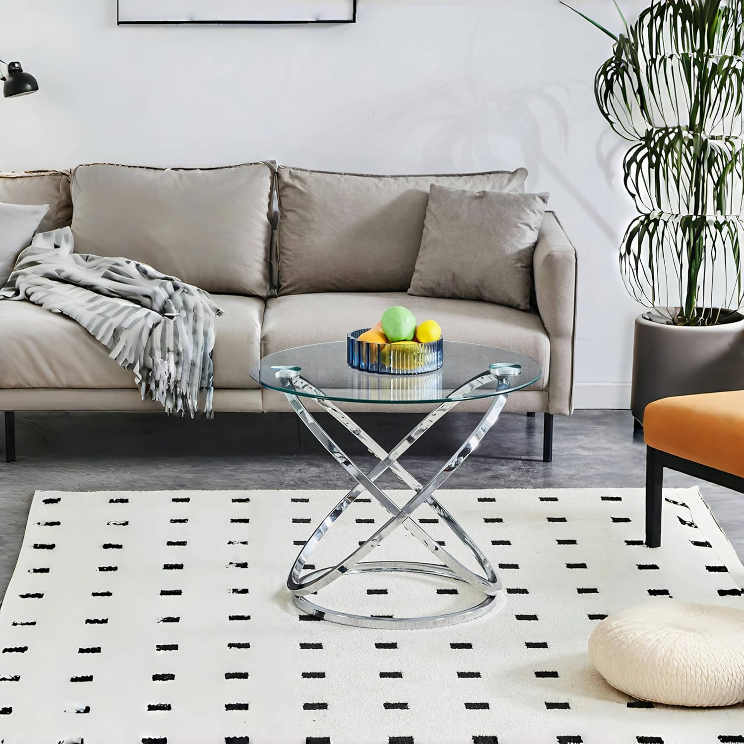 Round Coffee Table, Clear Glass Coffee Table，Simple & Modern Center Table ，Side End Table for Living Room, Bedroom, Office (25.6"(Silvery))