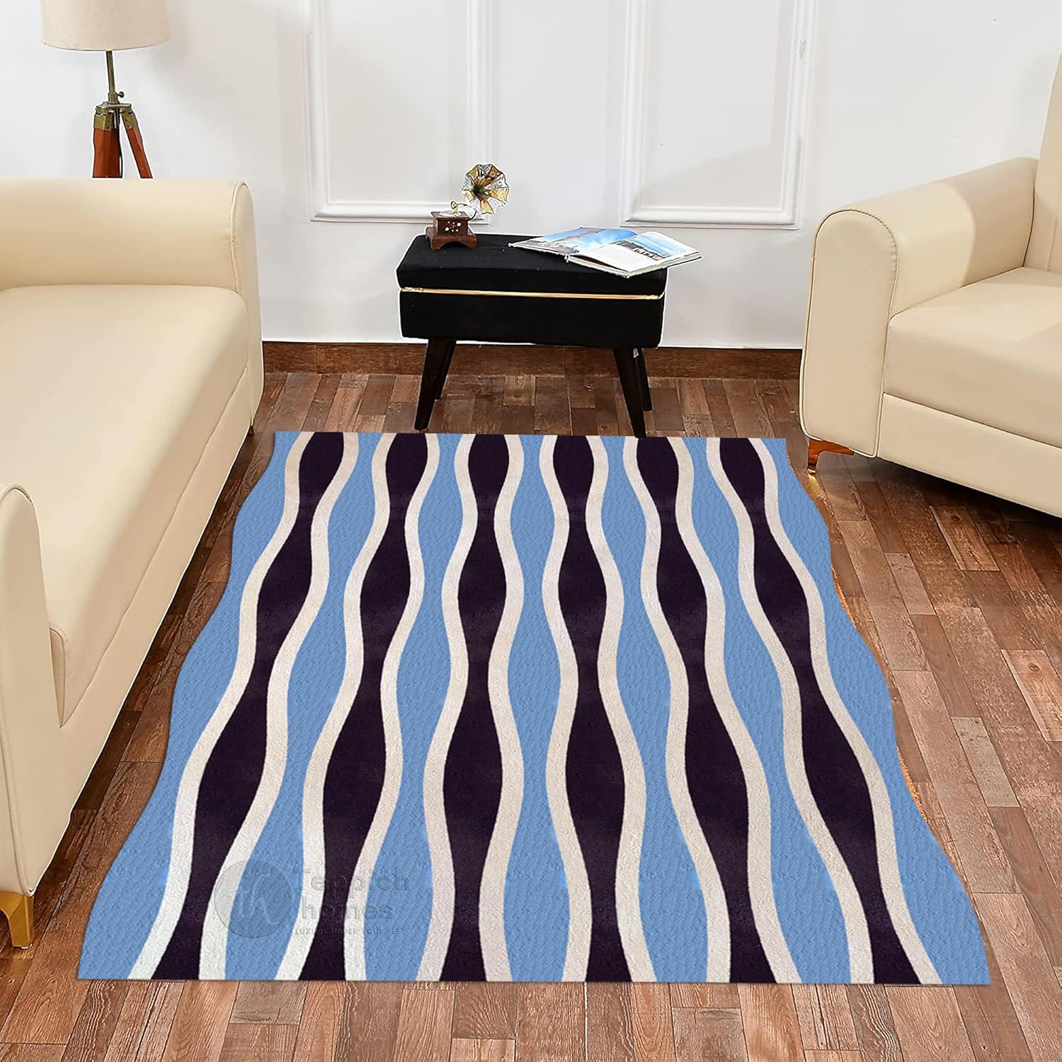 Hand Tufted Wool Area Rug Blue Black Wave Pattern | 7x10 8x10 9x12 |Large Luxury Carpet for Living Room Bedroom Dining Hall