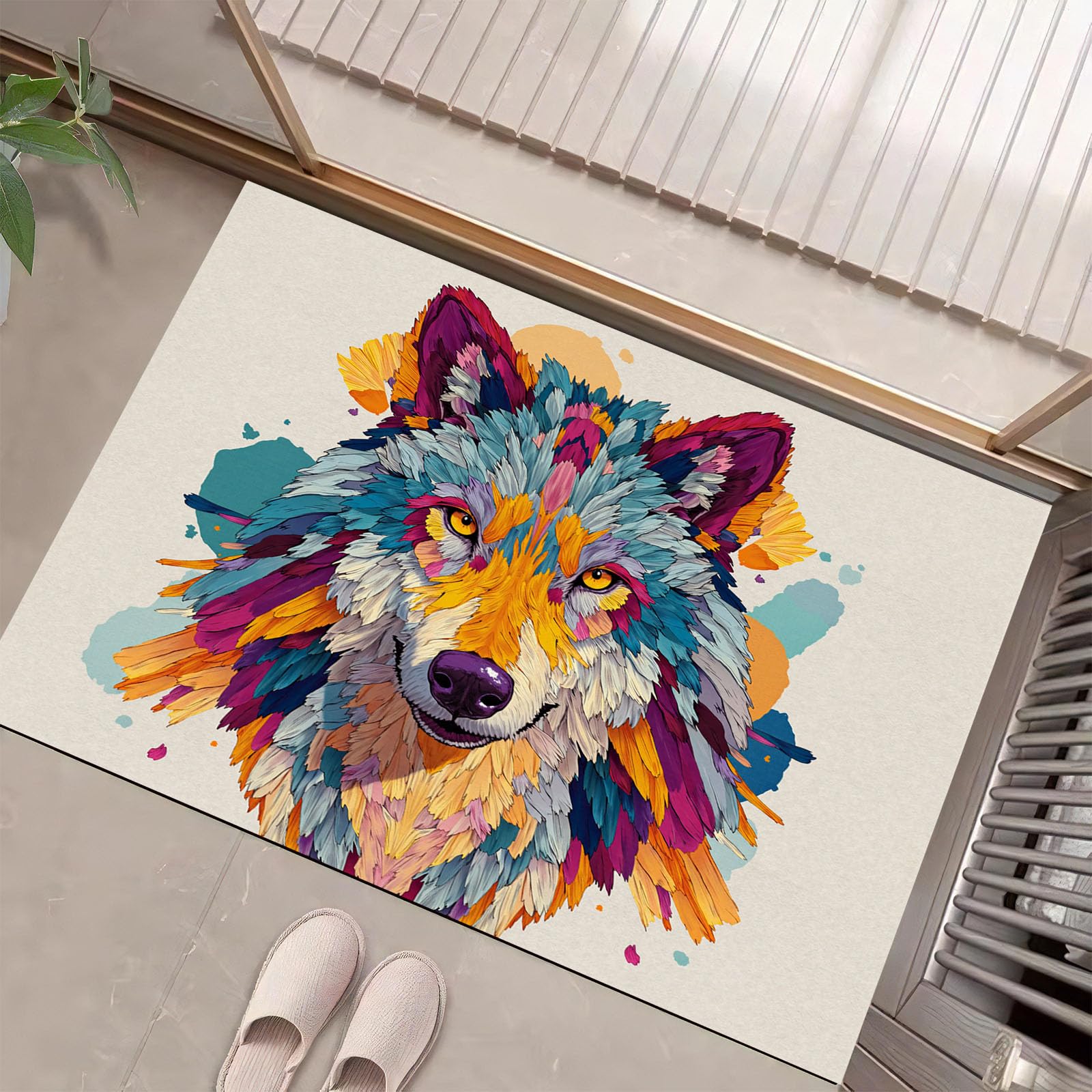 Paillasson loup abstrait orange 80x120 cm tapis de sol antidérapant entrée