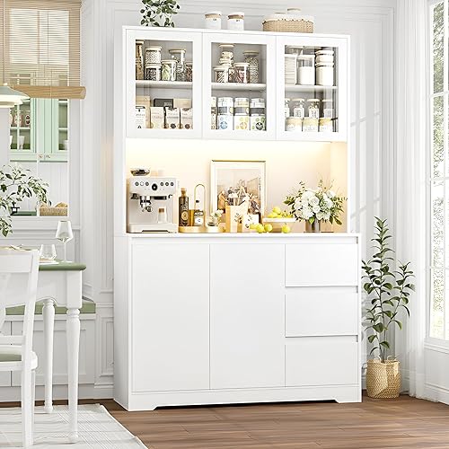 Miniatura 6 de FINETONES 71" Kitchen Pantry Cabinet with LED Lights and Charging Station, Modern Kitchen Cabinet Hutch Cabinet with Storage and Microwave Stand,