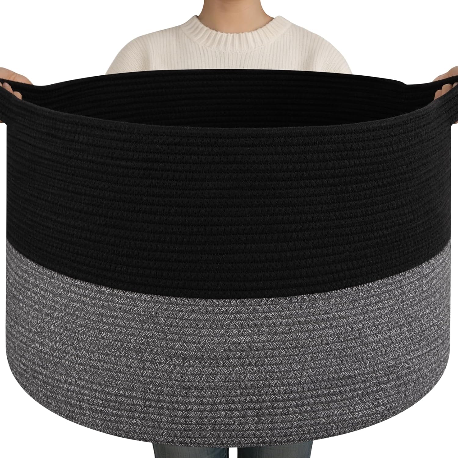 OIAHOMY 115L Extra Large Blanket Basket, 23.6" x 15.4" Woven Cotton Rope Laundry Basket for Organizing Pillows, Decorative Stuffed Animal Toy Storage Bin for Nursery, Black and Grey