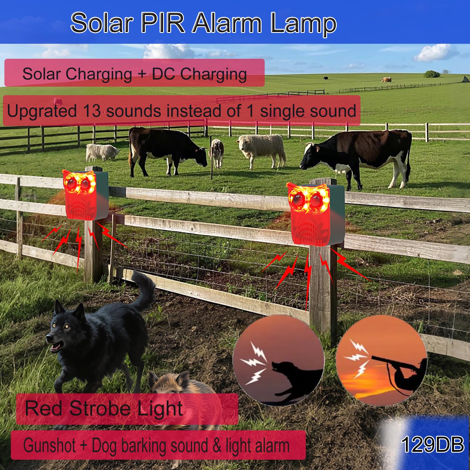 Alarma solar con sensor de movimiento para exteriores, 129 dB, alarma auditiva, seguridad intermitente, 13 sonidos para perros, barcas y disparos, jardín, granja, defensa de animales (2