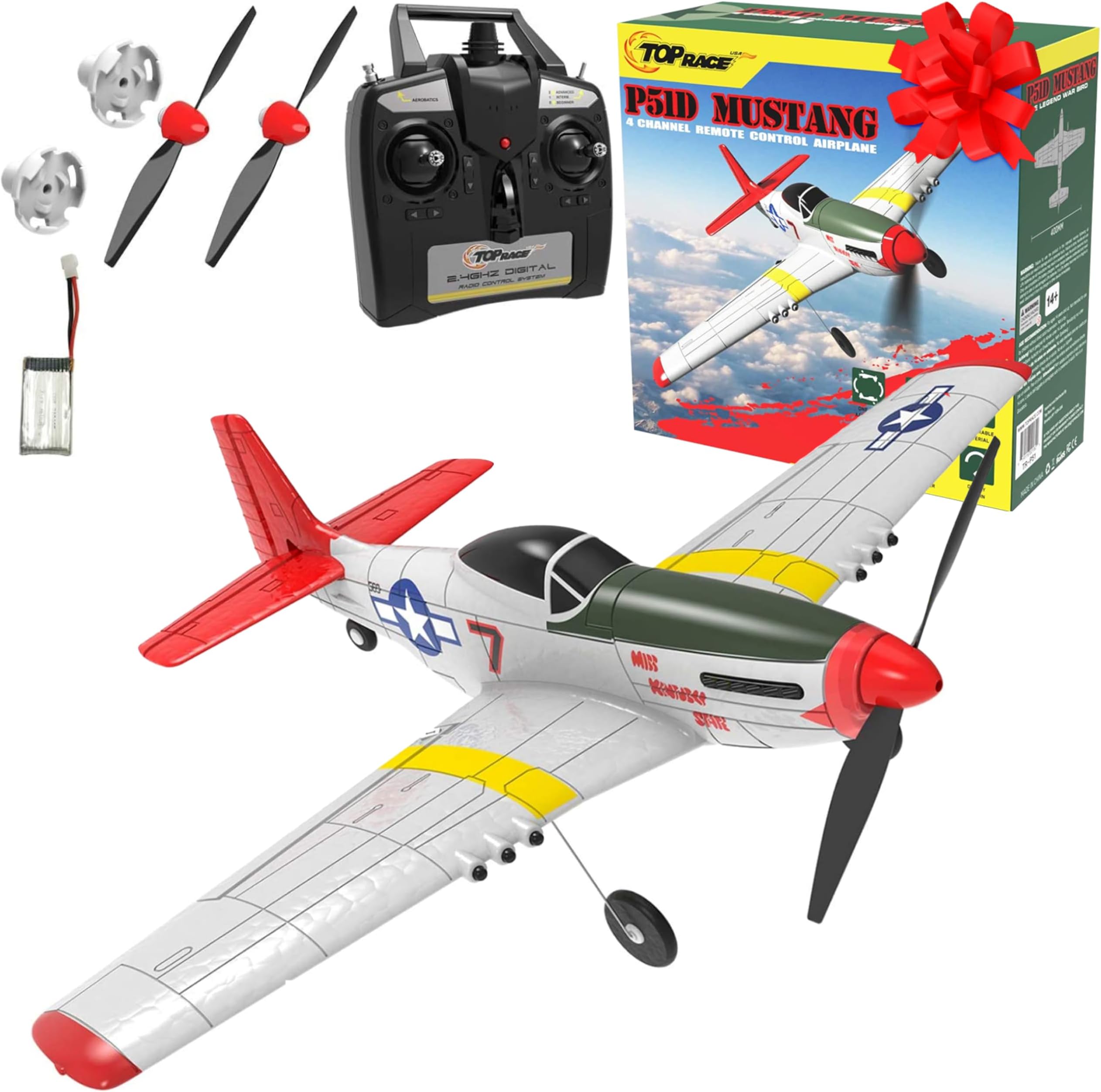 Top Race Remote Control Airplane 4 Channel Remote Control Airplane with 2.4Ghz High Speed Plane Ready to Fly P-51 Mustang War Aircraft Toy for Adults Kids