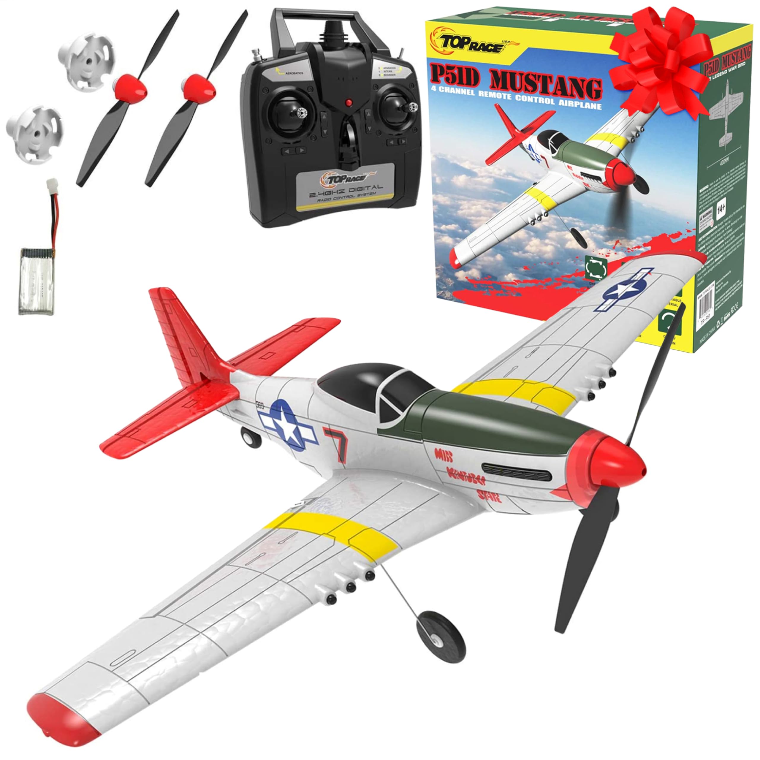Top Race Remote Control Airplane, RC Plane 4 Channel Ready to Fly RC Planes for Adults, Advanced Foam Plane, Remote Control Cessna P51 Mustang Upgraded with Propeller Saver (14 * 15 inch)