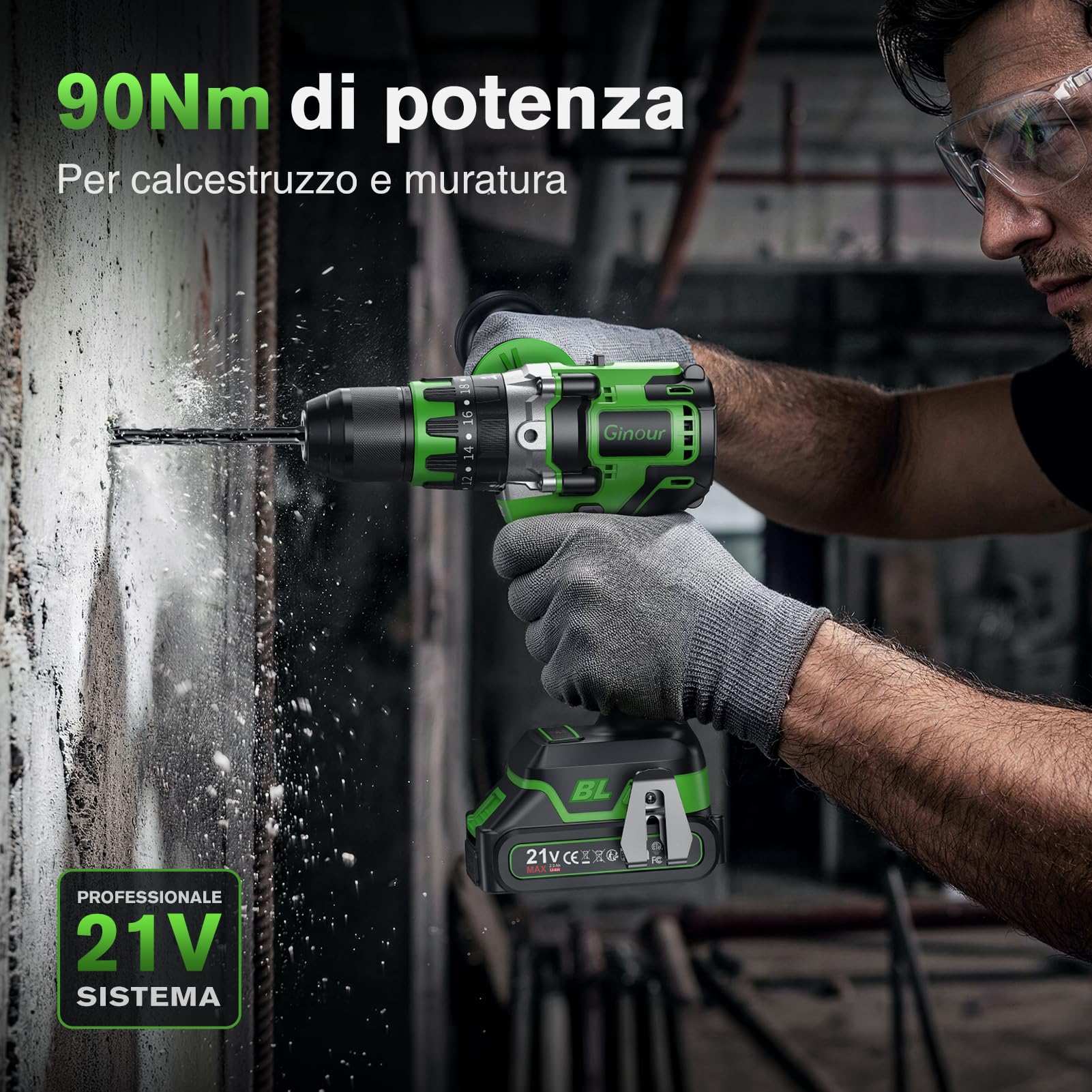 Ginour Avvitatore a Batteria 21V, 90Nm Brushless Trapano a Percussione | 2x2.0Ah 10C Li compatibile con Makita 18V, 22 Accessori, 20+3 Coppie, 2 Velocità, Trapani Avvitatori 13mm metallo Mandrino