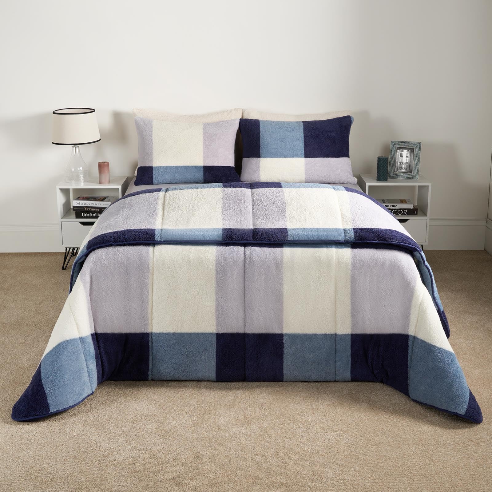 OHS Teddy Coverless Quilt Double 10.5 Tog, Gingham Fleece Duvet Double Washable Coverless Duvet Camping Winter Duvets Soft Warm Comfy Bedding with Pillowcases - Navy