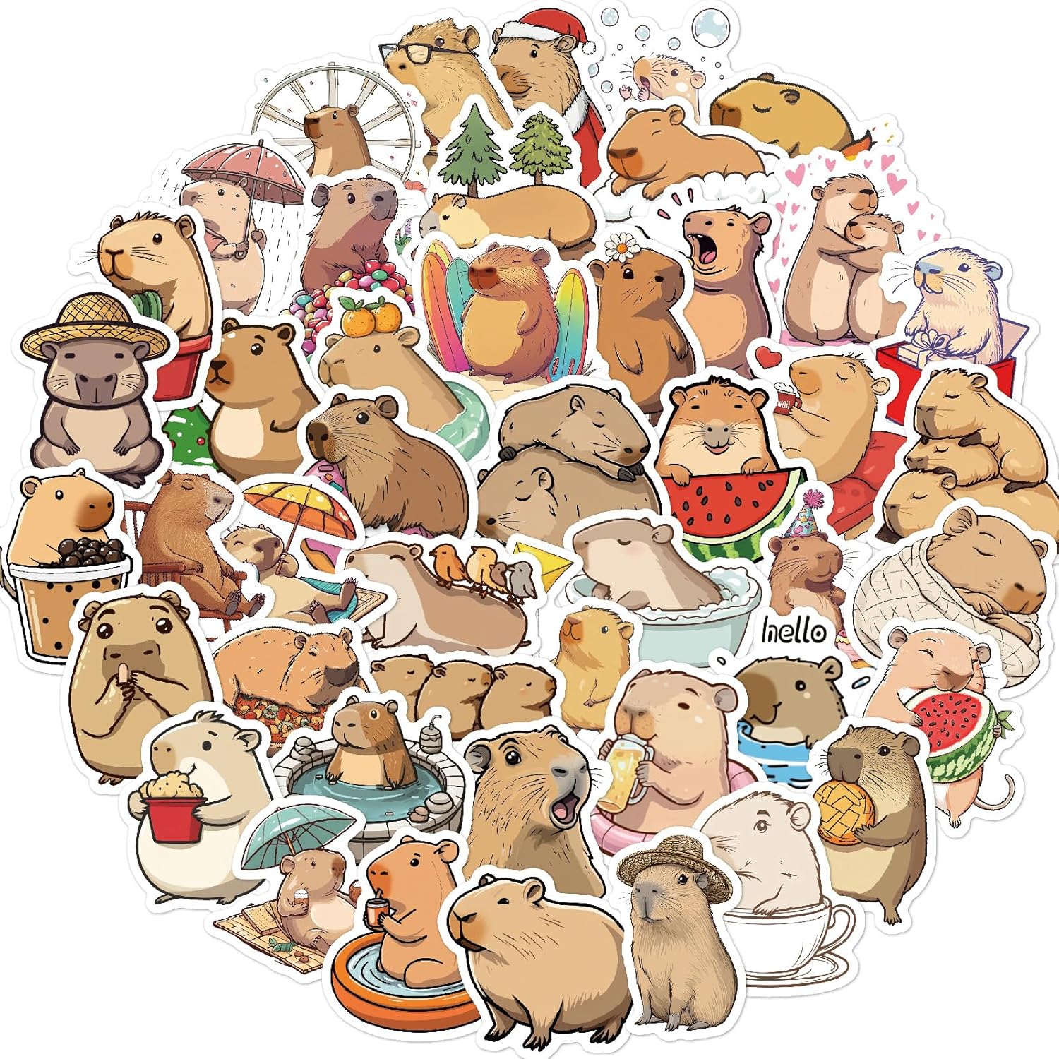 50PCS Capybara Stickers Cute Animal Decals for Adults, Cartoon Capybara Sticker for Water Bottles Laptop Luggage Skateboard, Waterproof Vinyl Kawaii Stickers Reward Decal