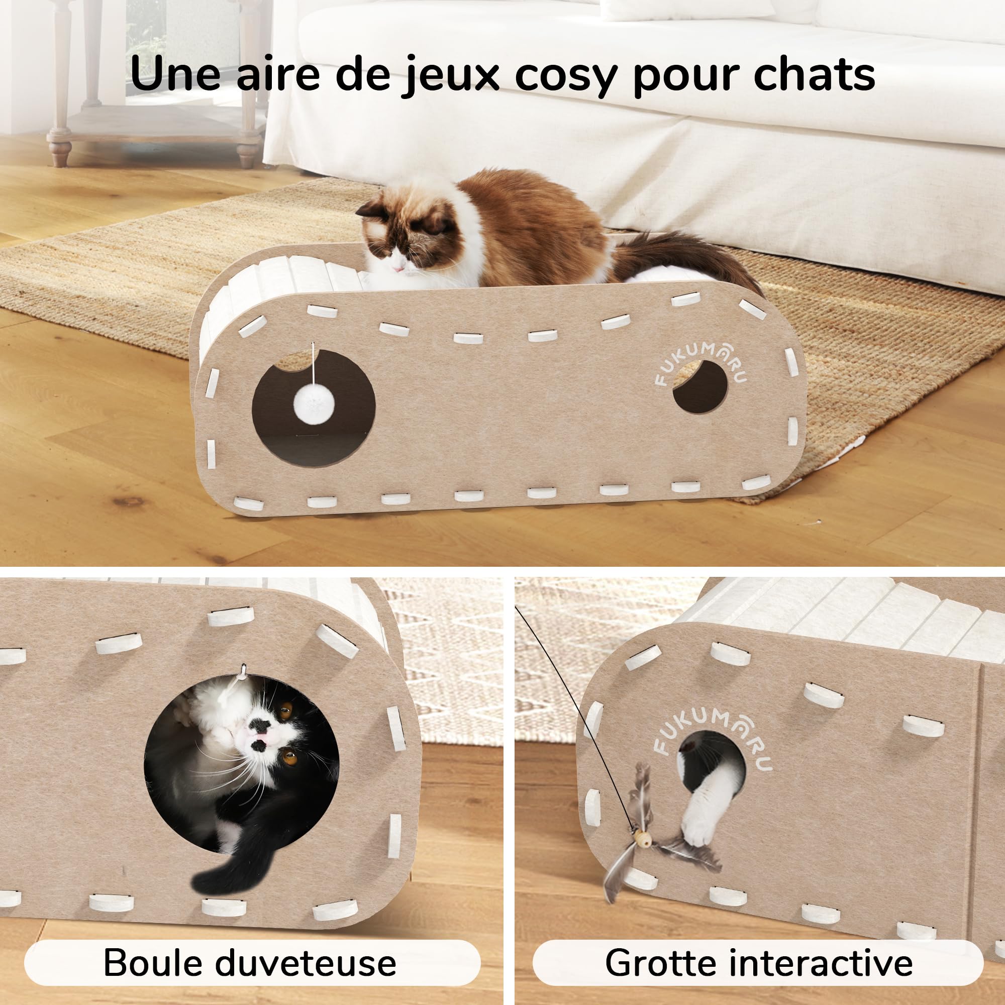 FUKUMARU Lit pour Chat d'intérieur, Grotte Extra Large pour Chat 80 cm Maison Confortable avec Boule Moelleuse à Suspendre, Lit cachette en Feutre résistant aux Rayures, Tunnel félin, Beige