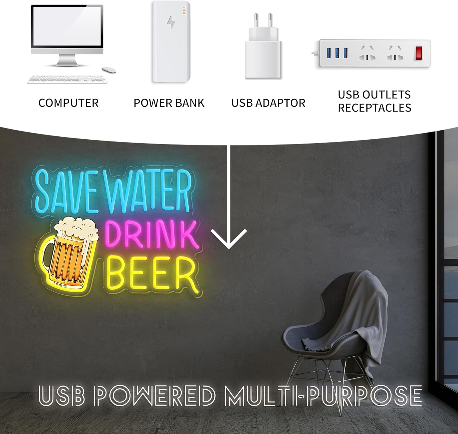 Save Water Drink Beer Neon Sign LED Beer Neon Lights for Wall Decor Dimmable Neon B... - Image 5