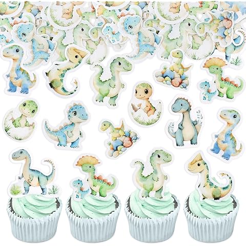 50PCS Edible Dinosaur Cupcake Toppers Cute Dino Party Decorations Glutinous Rice Paper Dinosaur Theme Baby Shower Kids Boys Birthday Party Cake Decorations Supplies
