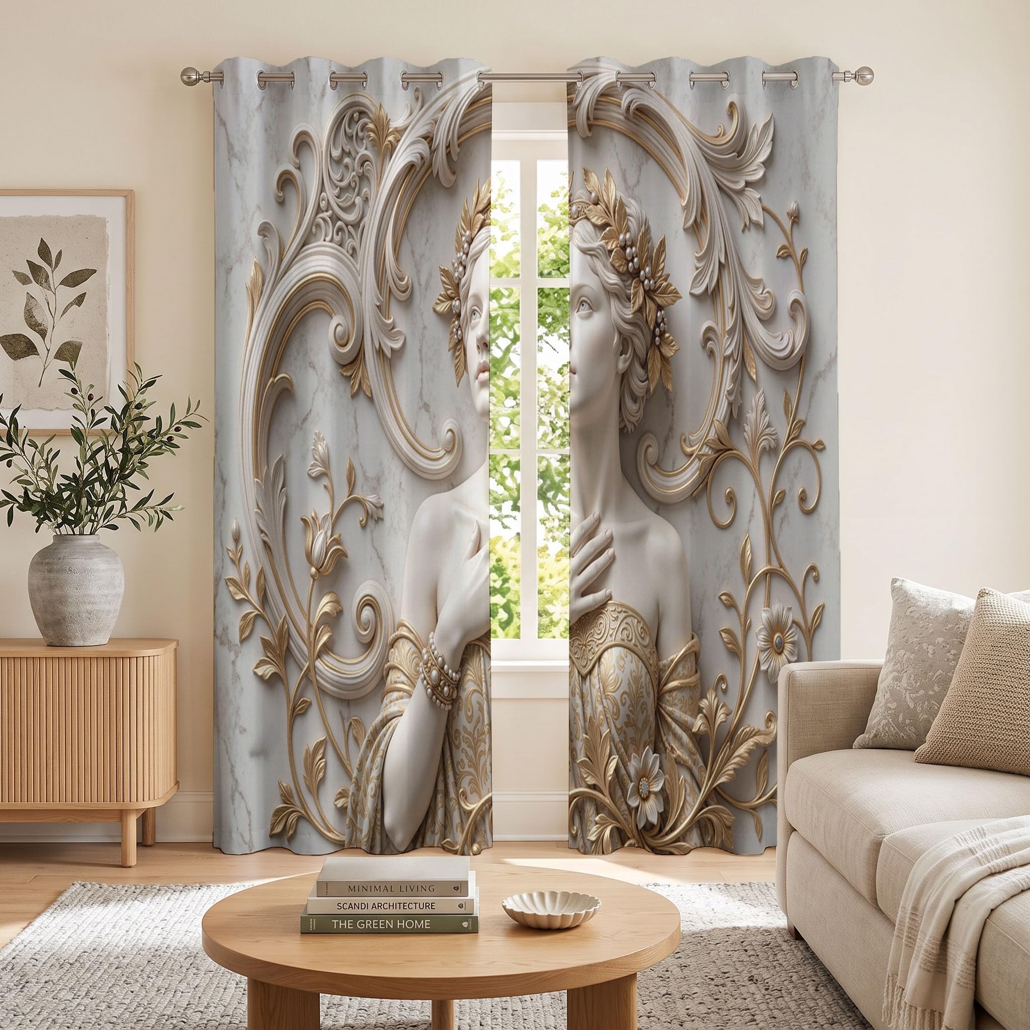 Europäischer Palast Schallschutz Blickdichte Vorhänge Wohnzimmer, 3D-Schöne Frau Verdunklungsvorhänge, Gold Thermovorhang Gardinen Mit Ösen Schlafzimmer - H175 x B140 cm (2er Pack)