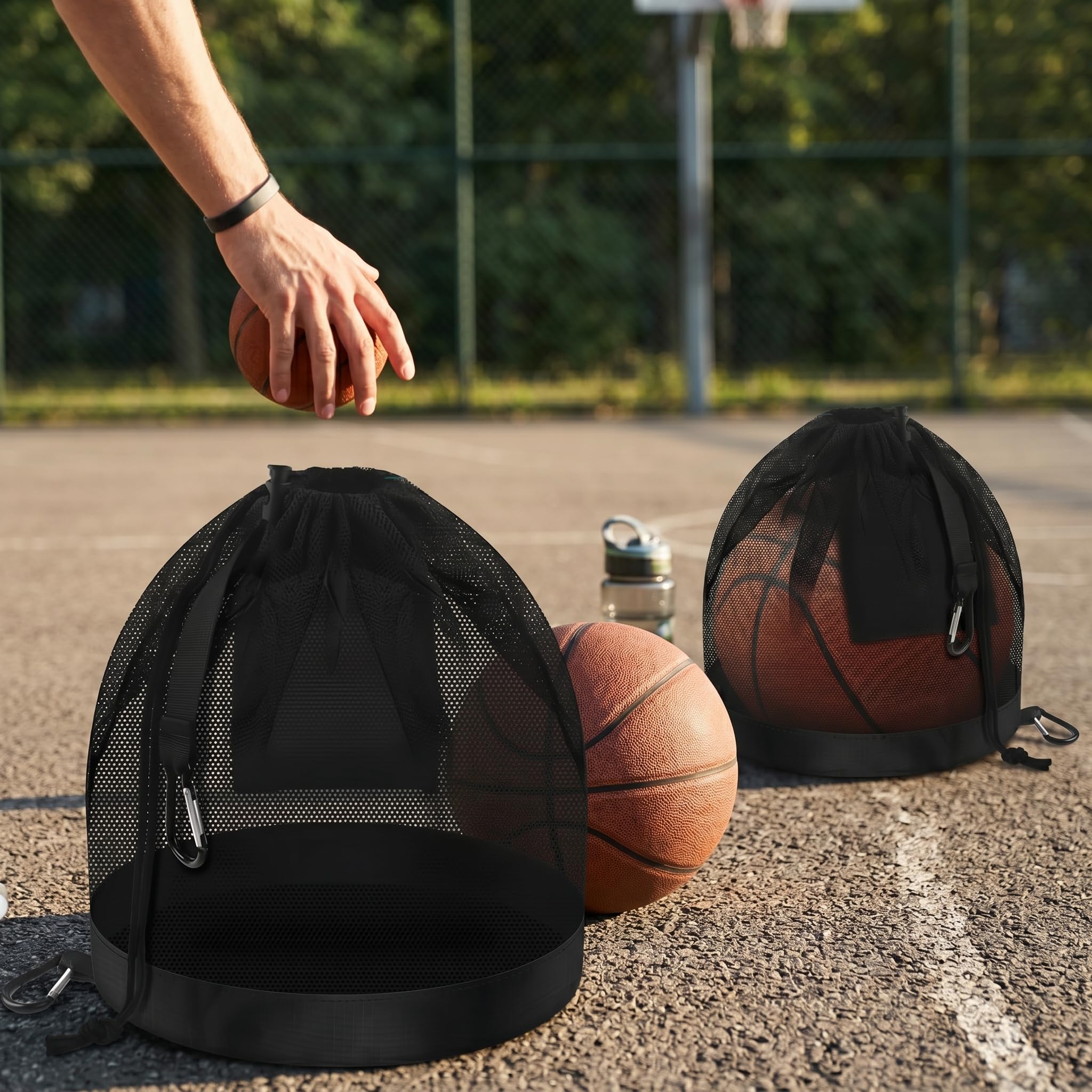 Borsa Porta palloni Zaino Rete Sportiva 2 Pezzi Grande capacità Nero per Basket Calcio pallavolo Tennis con Gancio Portatile Resistente per Palestra Allenamento Viaggio