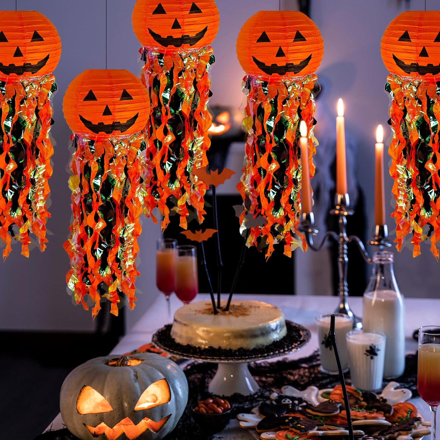 ADLKGG Pumpkin Paper Lanterns for Halloween Party Decorations, Orange Black Hanging Paper Lanterns for Kids Adult Birthday Wedding Graduation Indoor Outdoor Garden Home Decor, 5 Pcs